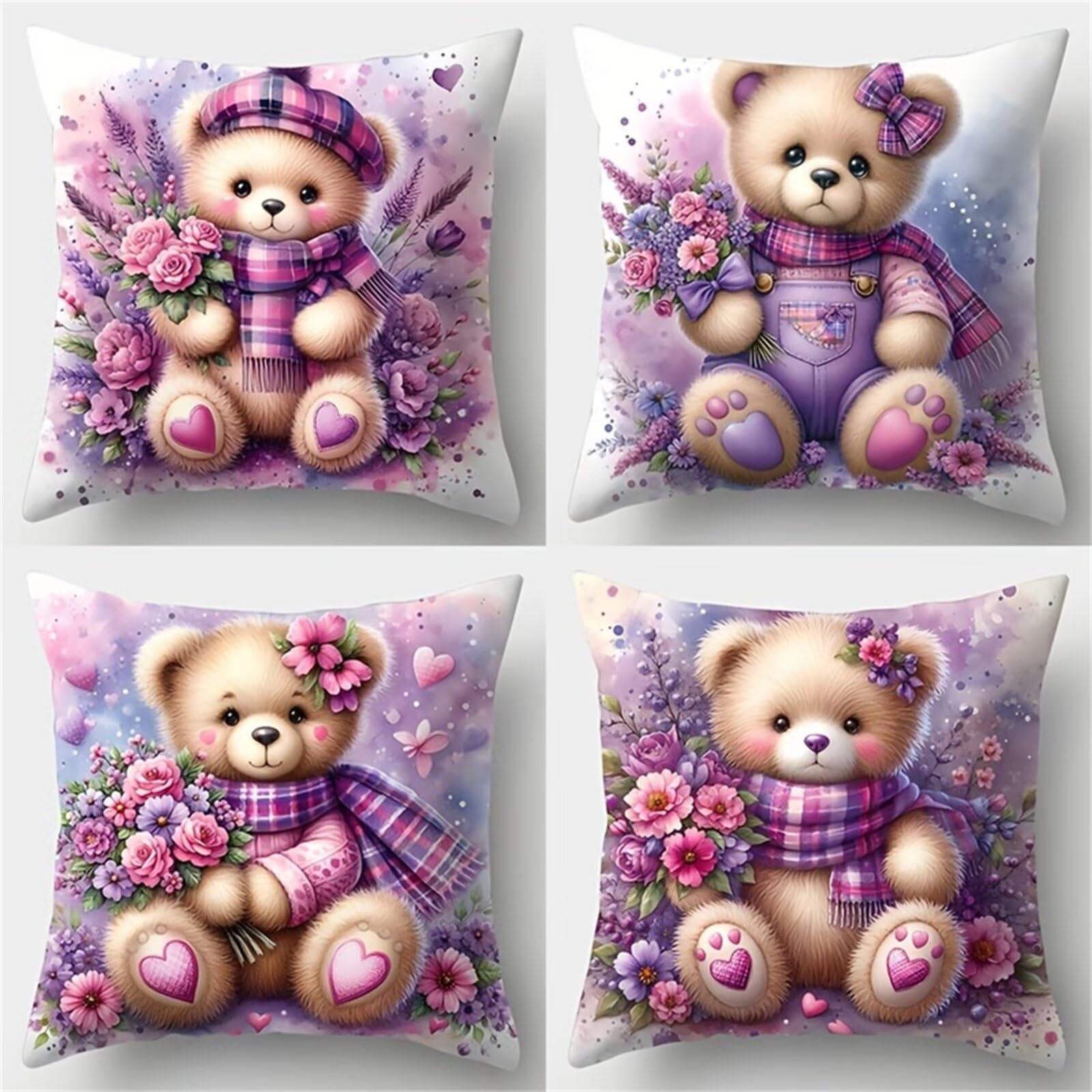 Heaen Outdoor Cushions Covers Waterproof 35x35 cm Set of 4 Square Linen Pillow Cases Lavender Animal Bear Decorative Dushions for Sofa Porch Patio Home Decor