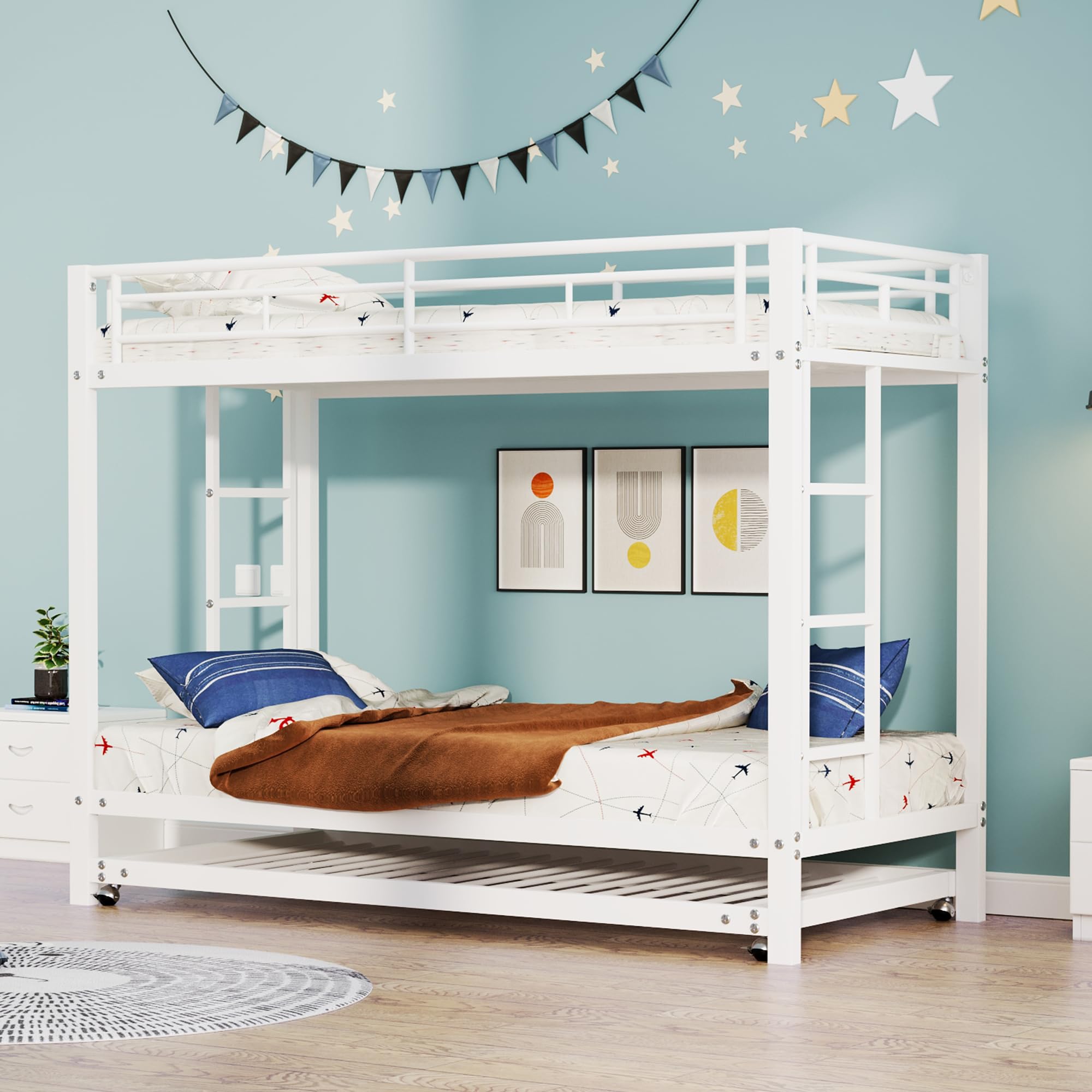 Letto a castello da 90 x 200 cm con struttura in ferro e letto estraibile da 90 x 190 cm - Letto per bambini con alta barriera di protezione, certificato EN747, costruzione robusta - Triplo