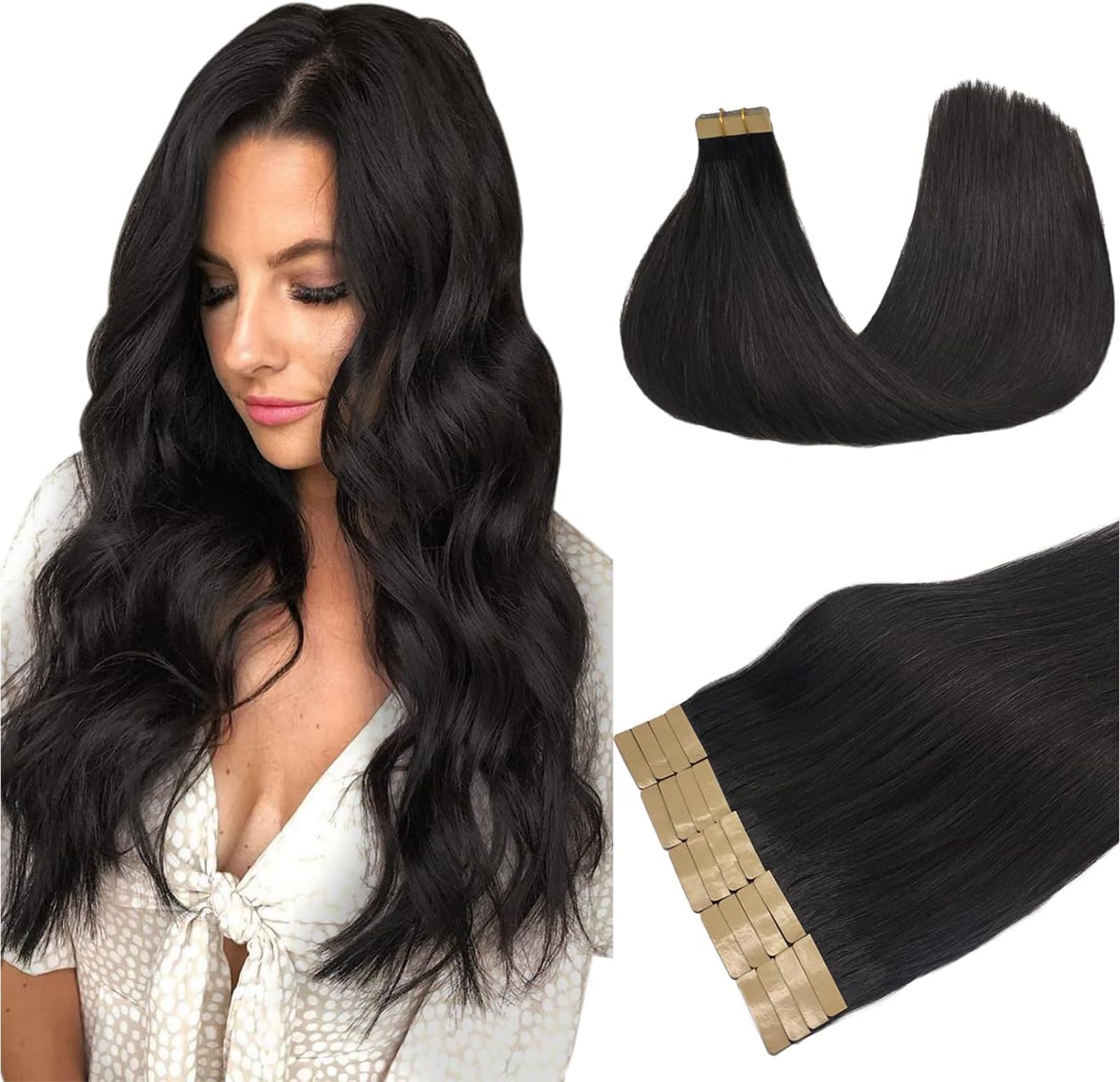 DOORES Hair Extensions Tape in Natural Black 20 Inch 20pcs 50g Tape in Human Hair Extensions Natural Hair Straight Skin Weft Hair Extensions