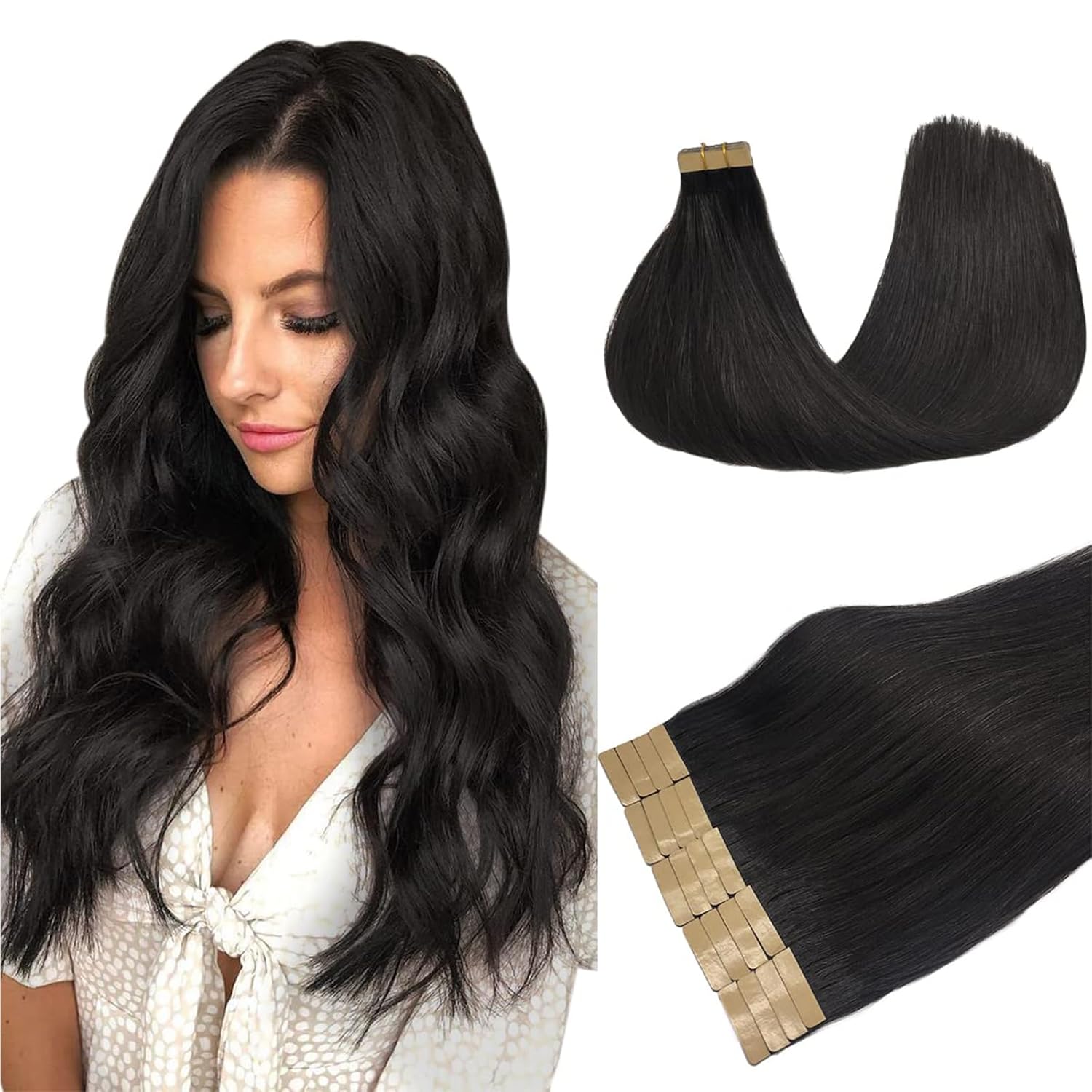 DOORES Hair Extensions Tape in Natural Black 20 Inch 20pcs 50g Tape in Human Hair Extensions Natural Hair Straight Skin Weft Hair Extensions