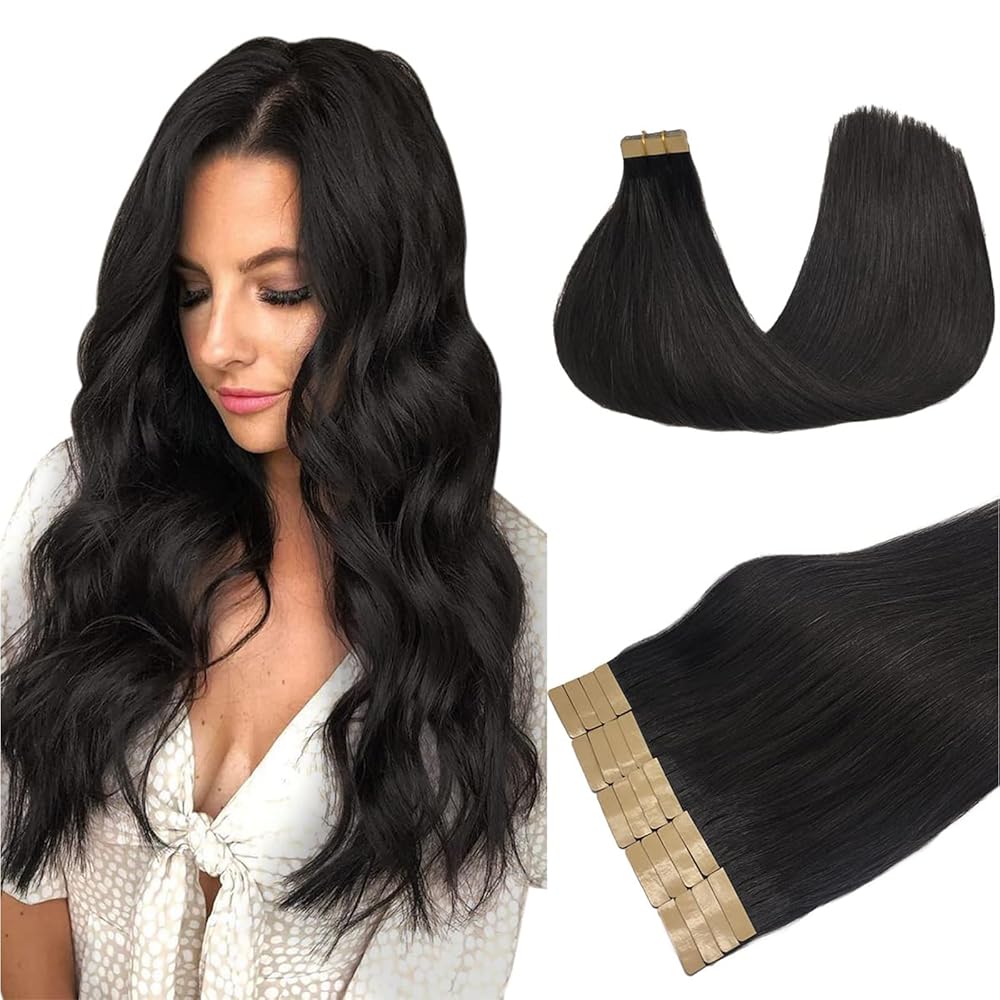 DOORES Tape in Hair Extensions, Natural Black 26 Inch 60g 20pcs, Hair Extensions Tape in Hair Extensions Human Hair Long Straight Hair Remy Hair Extensions Skin Weft