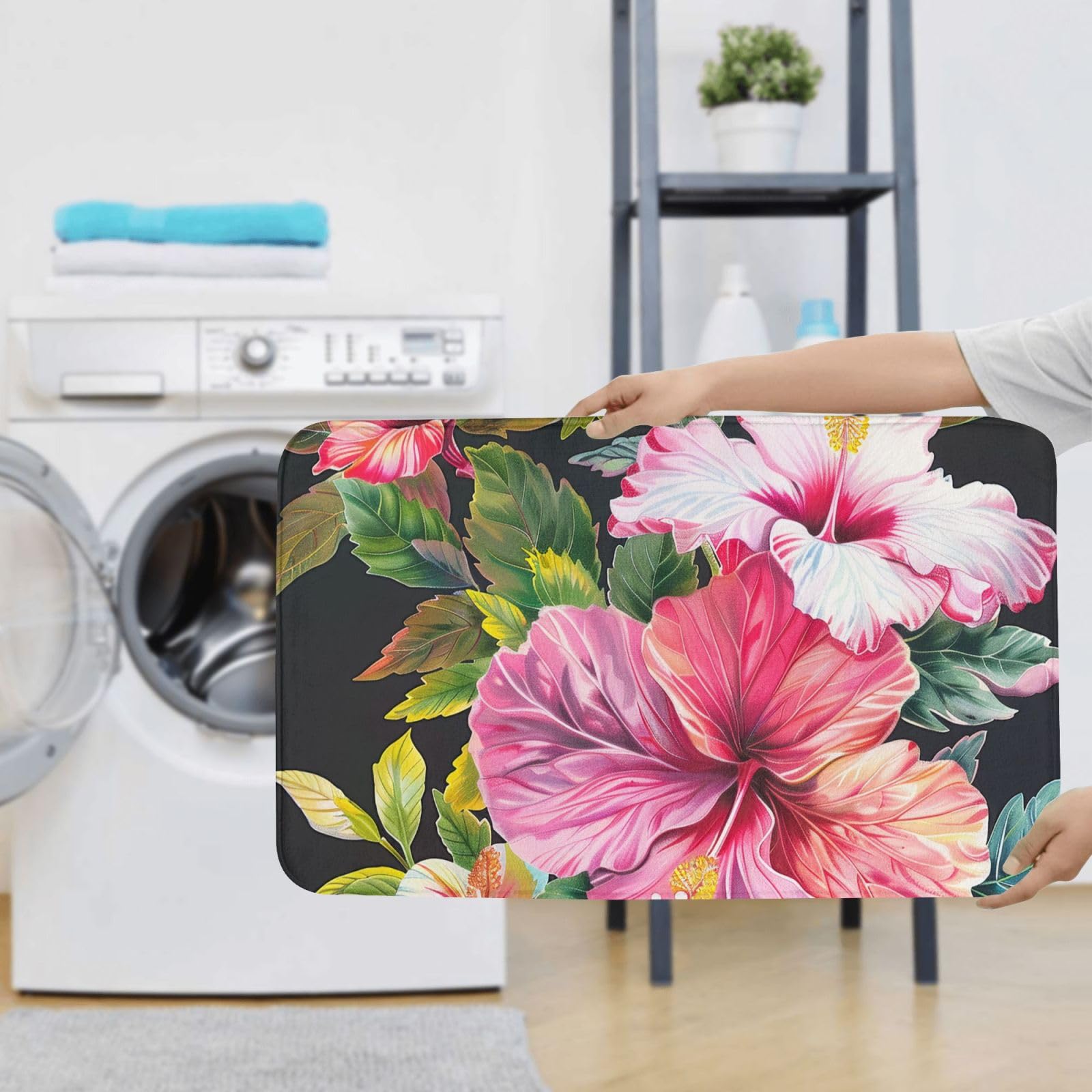 Lot de 3 tapis de bain antidérapants et absorbants en flanelle avec motif imprimé fleurs d'hibiscus, tapis de bain, tapis contour et housse pour abattant WC