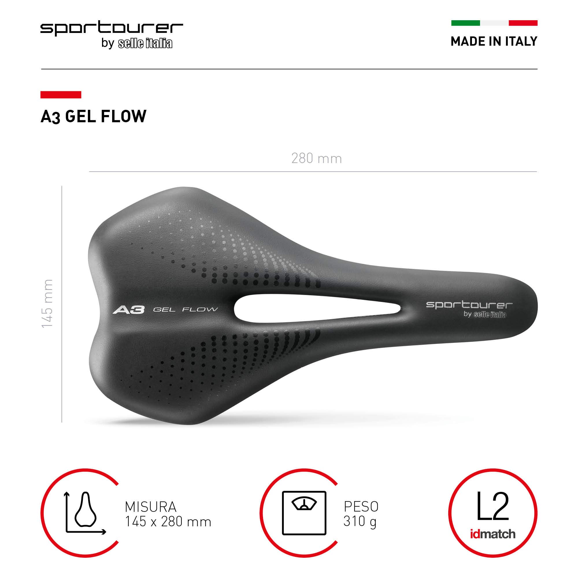 Selle Italia A3 GEL FLOW - Sella Comoda per Bicicletta con Gel, Foro Anatomico, Resistente all'Acqua e Adatta a Tutti i Tipi di Bici - Nero