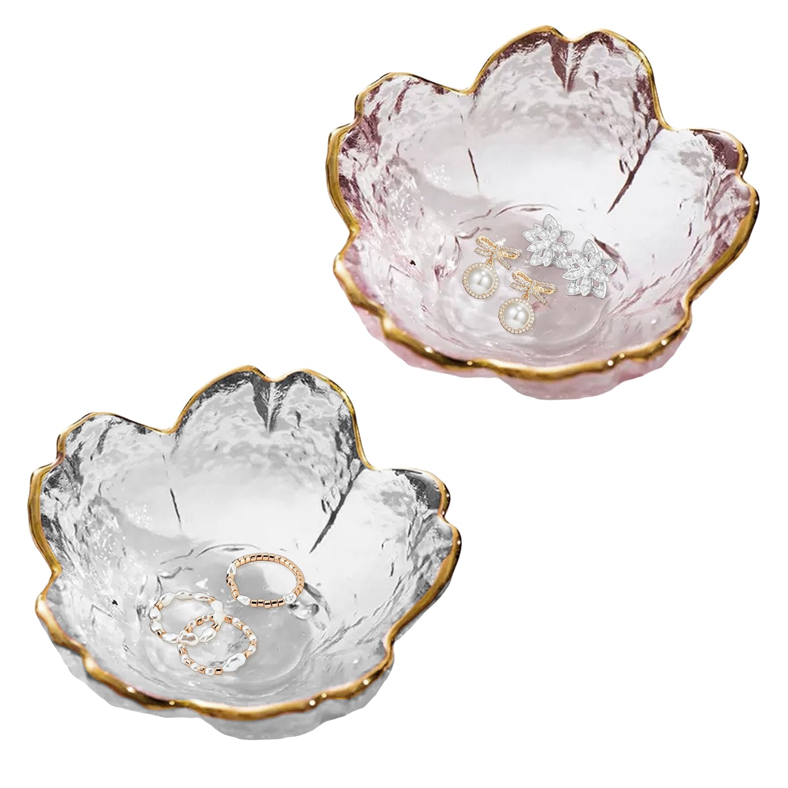 Wrbugukeji Glass Ring Dish, 4 Pcs Flower Jewelry Dish, Small Glass Jewellery Tray Flower Jewellery Tray Clear Small Trinket Holder Gifts for Women Wife Mom Daughter (Pink, White)