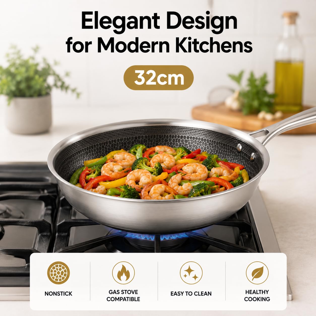 Royal Swiss Wok 32 cm in acciaio inossidabile Triply - Rivestimento antiaderente a nido d'ape - Compatibile con induzione, gas e tutti i fuochi, con coperchio in vetro, cottura sana e durevole