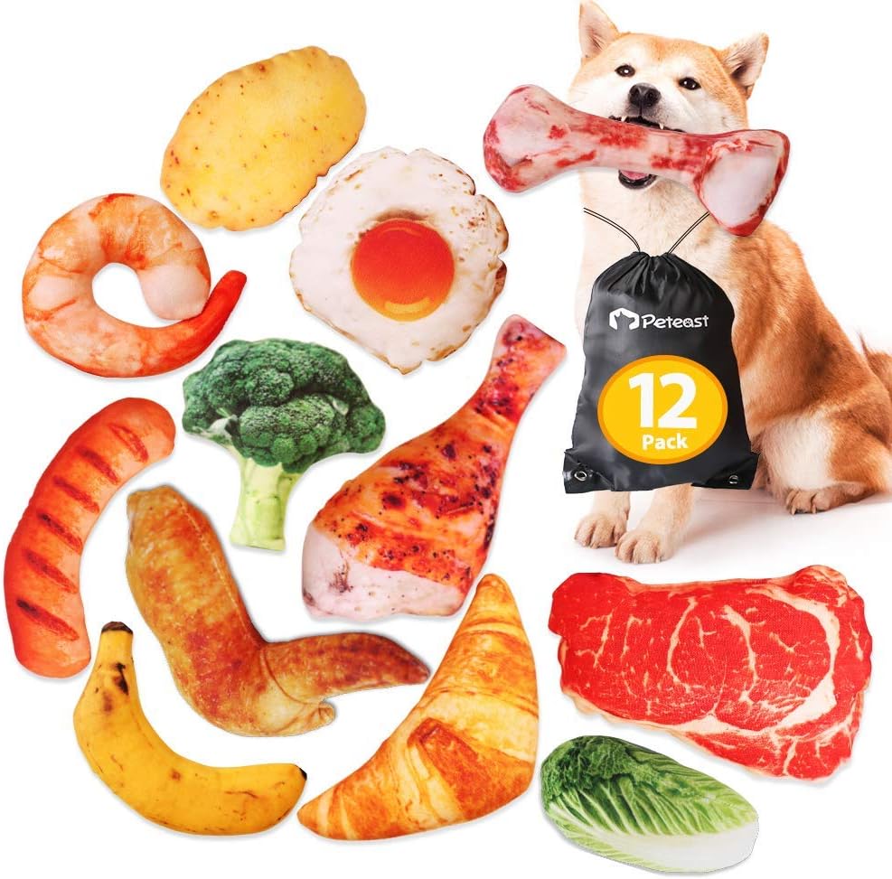 Peteast Dog Squeaky Toys, Plush Dog Toy Pack, Stuffed Puppy Chew Toys 10 Dog Toys Bulk with Squeakers, Soft Food Shape Pet Toy for Small Medium Dogs
