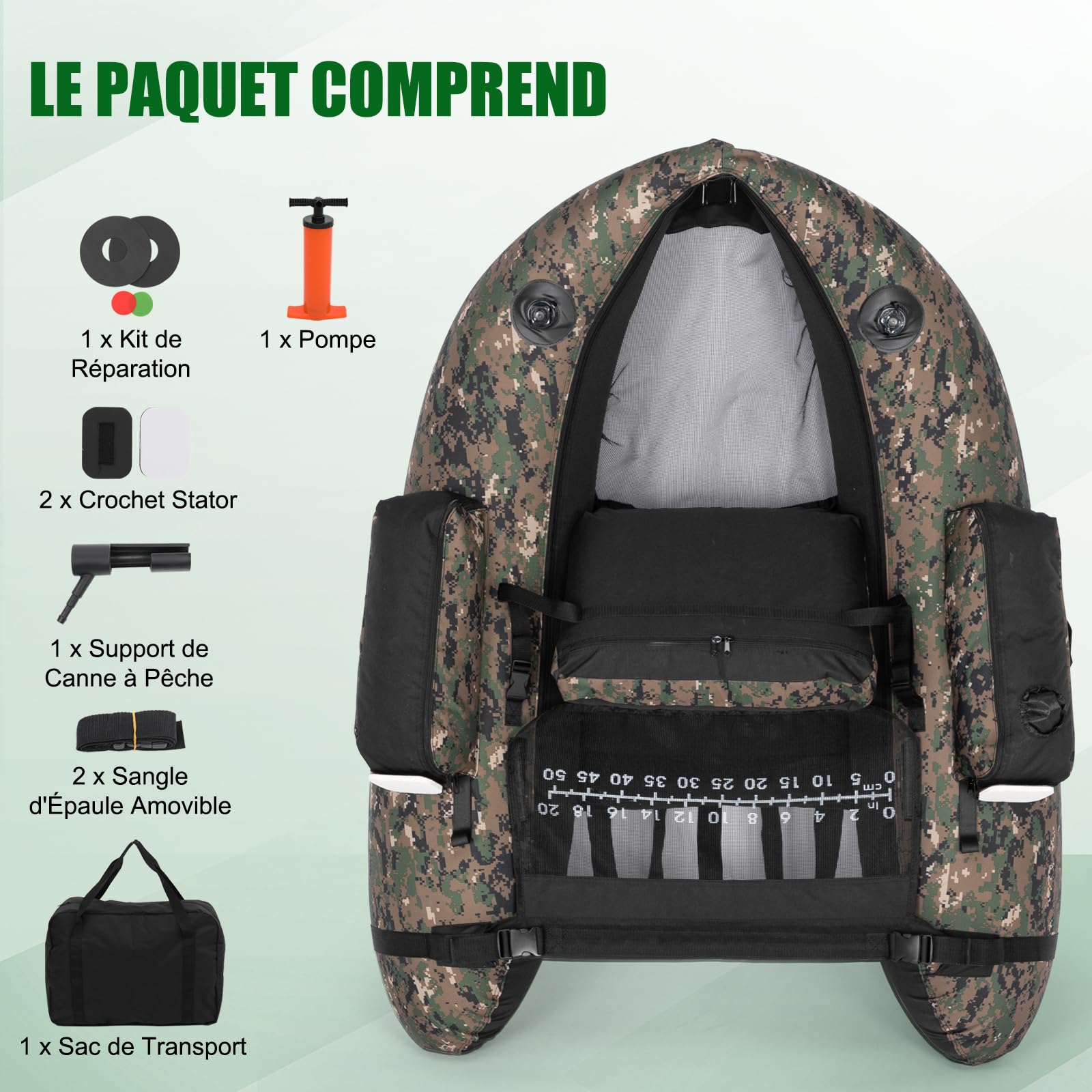 LEADZM Bateau de Pêche Gonflable Camouflage, Float Tube avec Pompe, Support de Canne Peches, Sangles Réglables, Sac de Rangement, Capacité de Charge 150 kg