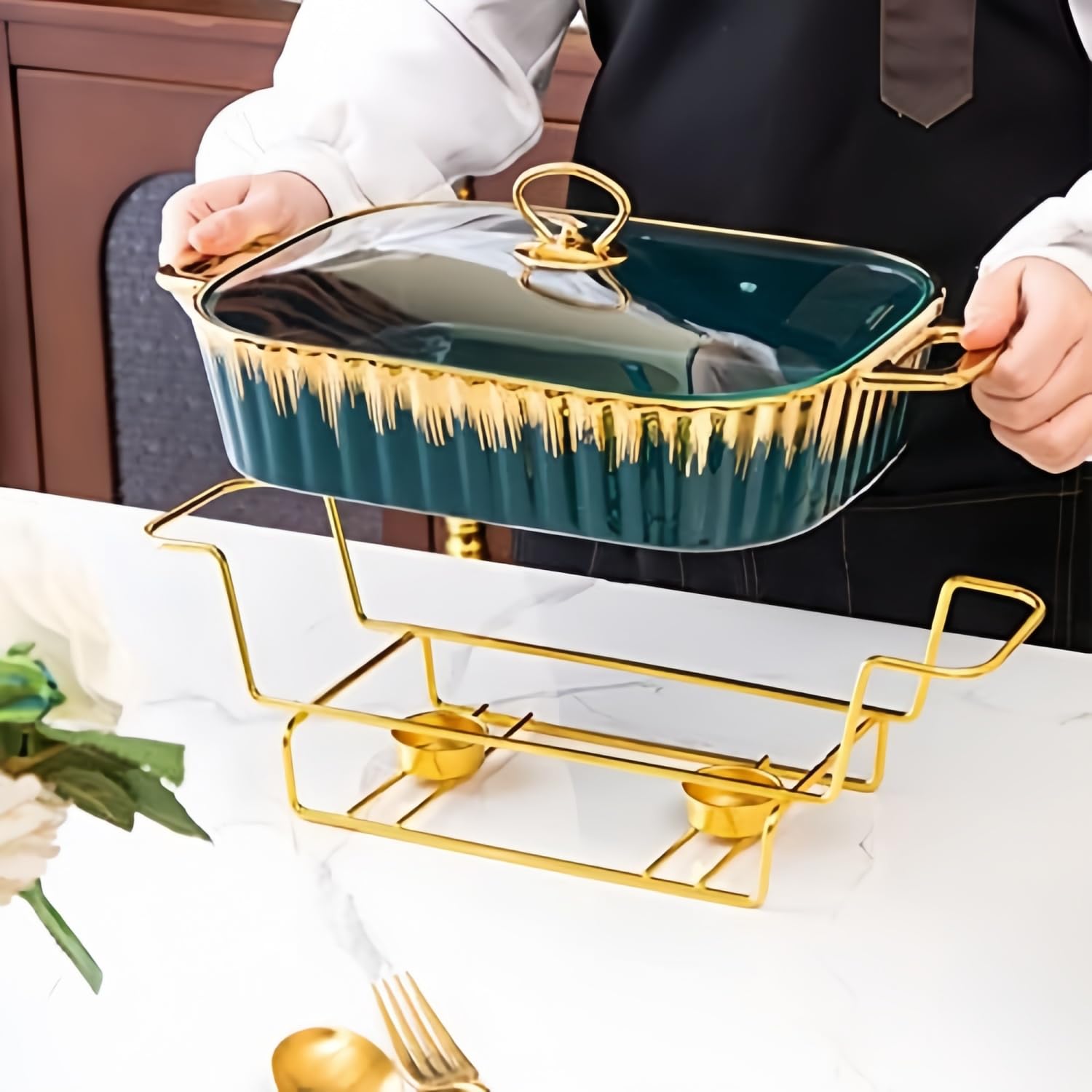 Juego de platos de cerámica, calentador de alimentos con tapas de vidrio para fiestas, bodas y eventos de catering, capacidad de 1.8 L, perfecto para banquetes y reuniones