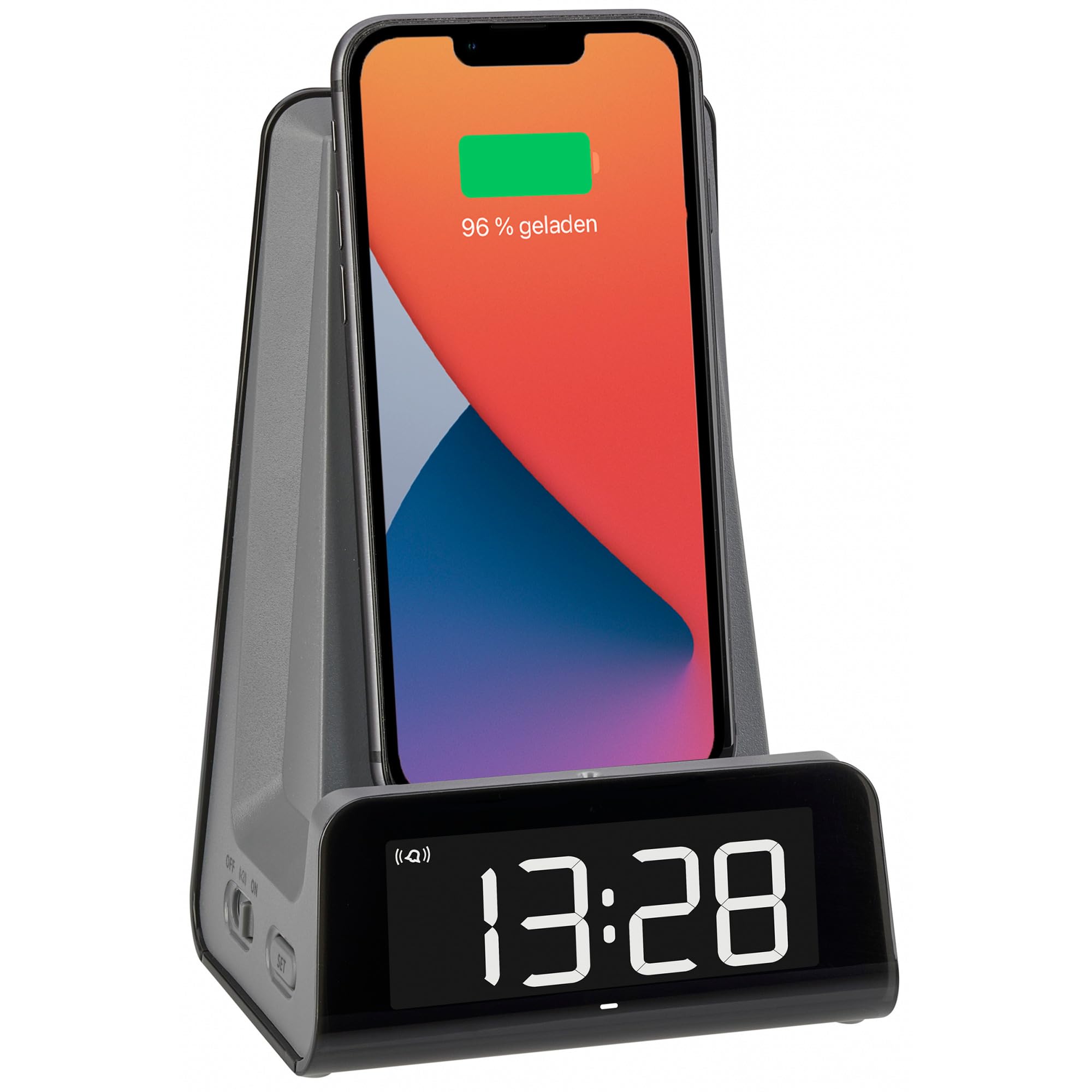 TFA Dostmann digitale wekker ICONcharge, 60.2033.10, houder voor smartphones of kleinere tablets, alarm met sluimerfunctie, met inductie en USB- oplaadfunctie, witte LED-lichtgevende cijfers, antraciet