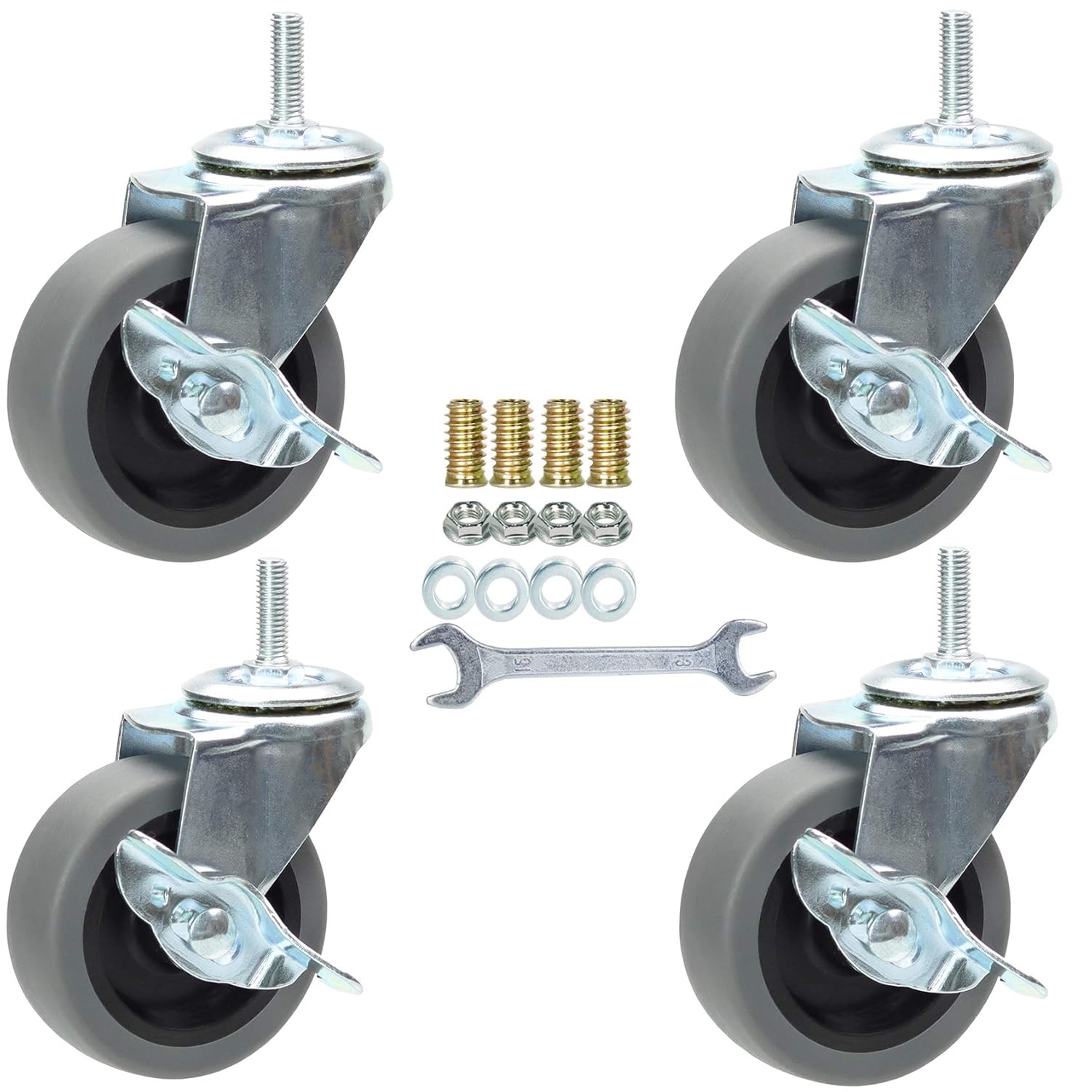 3 Inch Swivel Stem Caster Wheels with Brake Set of 4, M8-1.25 Threaded Stem Industrial Rubber Casters, Replacement for Furniture and Workbench: Industrial & Scientific
