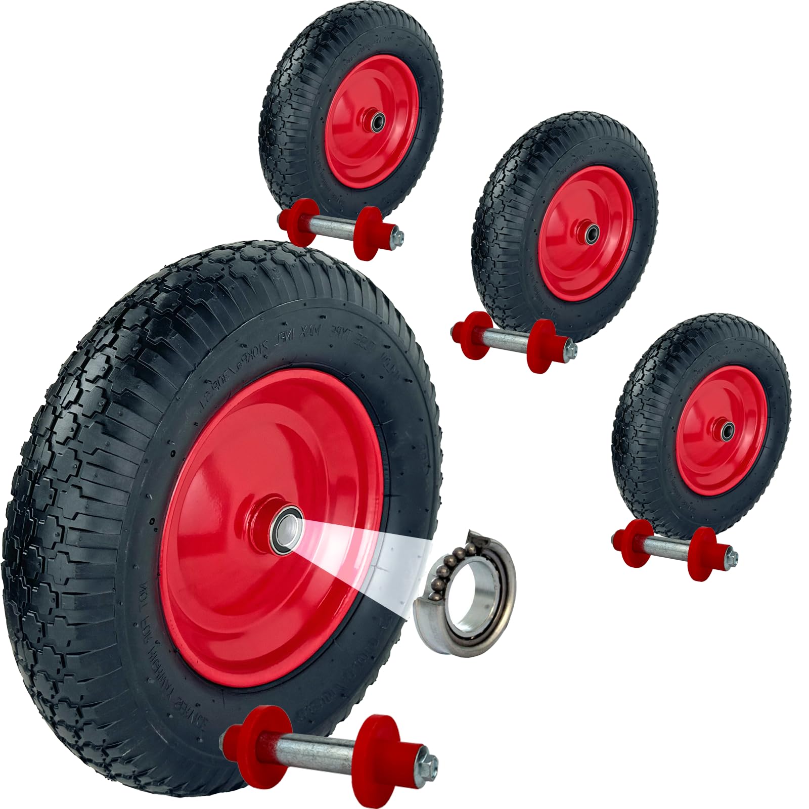 TRUTZHOLM 4x Schubkarrenrad 390x95 mm 4.80 4.00-8 | Nabenlänge 75mm, Luftbereifung, inkl. Achse, Ersatzrad 4PR Metallfelge, 200 kg