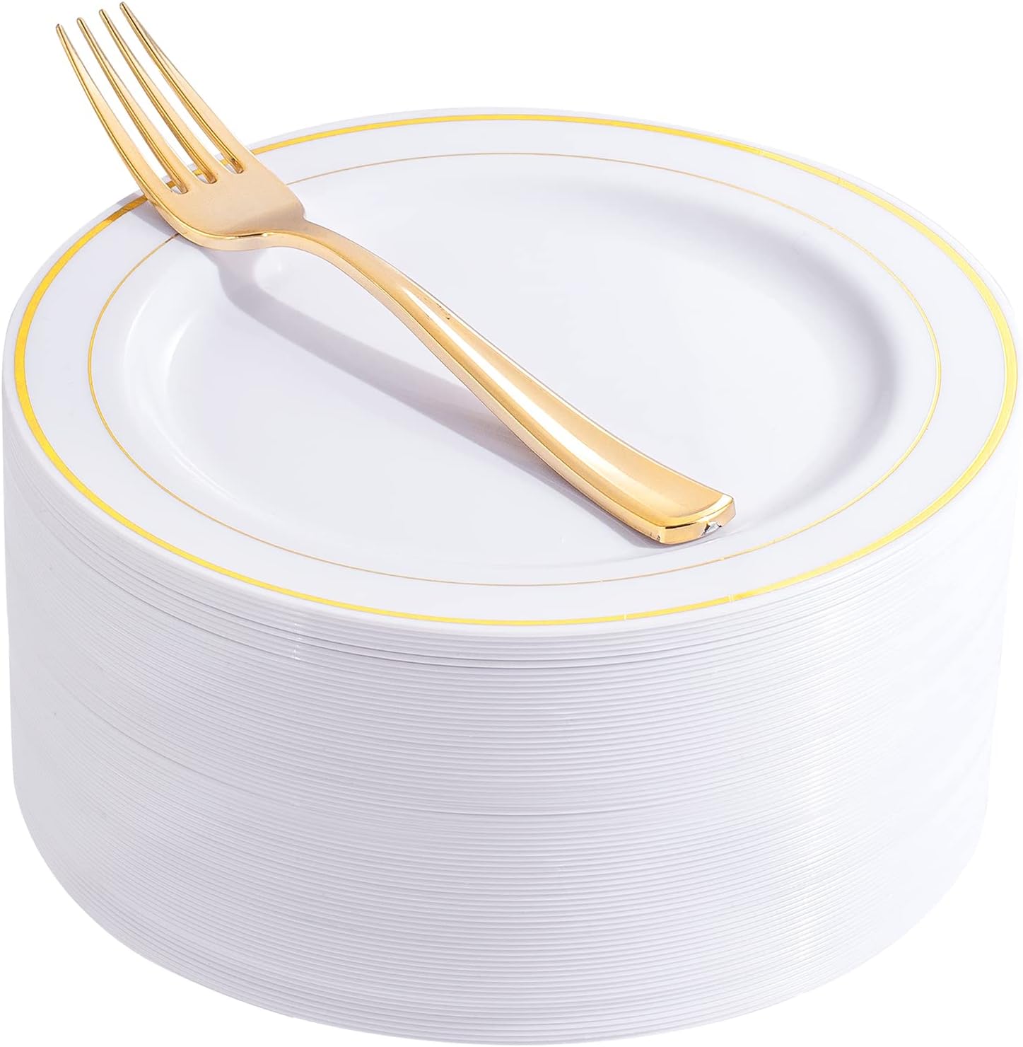 Nervure 204PCS Gold Dessert Plates with Forks - 102PCS 7.5inch Disposable Gold Plastic Plates and 102PCS Plastic Forks Perfect for Salads, Desserts, Parties, Catering, Christmas & Party & Father's Day - Image 8