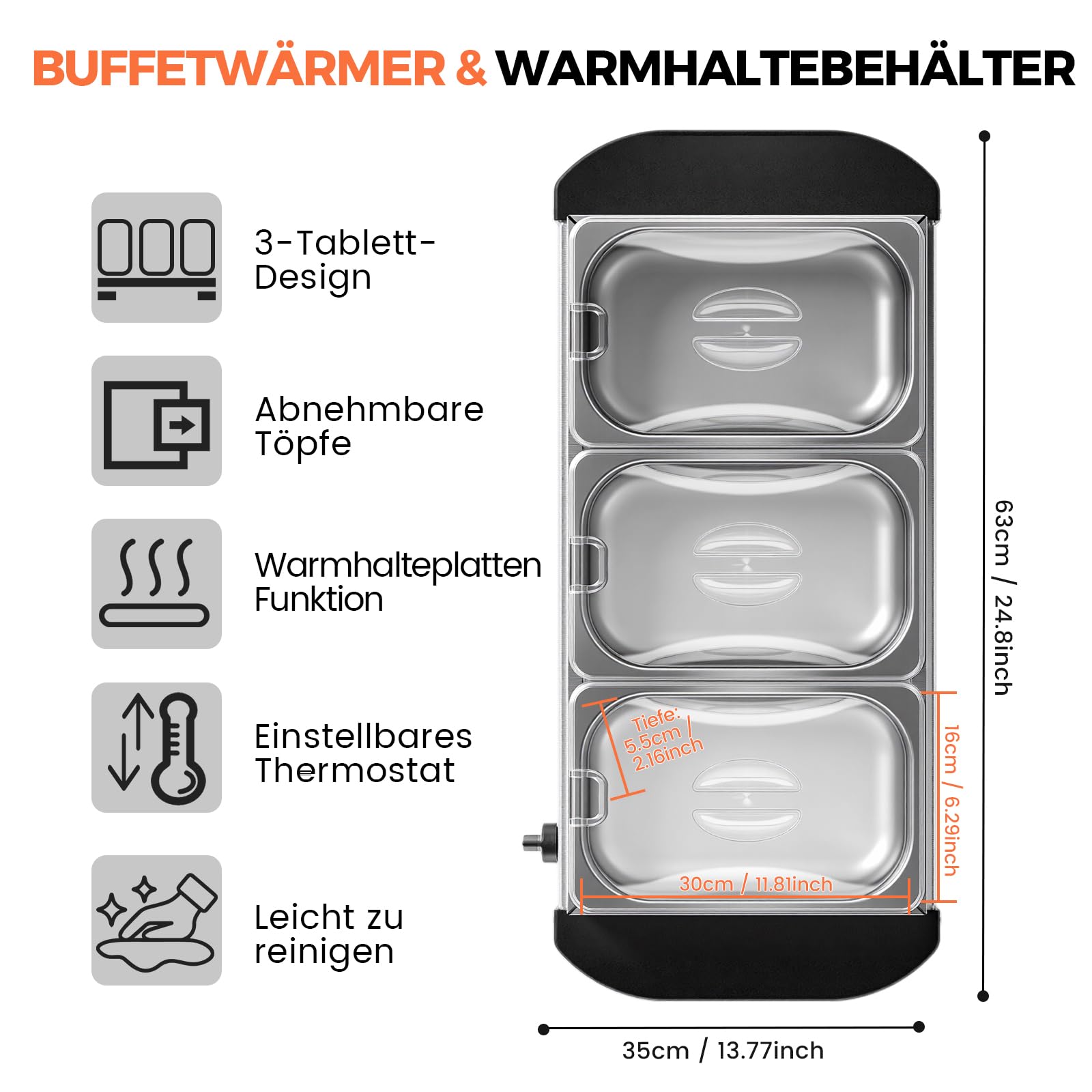 Placa calentadora 2 en 1 y calentador de buffet de acero inoxidable, 200 W, con 3 recipientes de 1,5 l, calor uniforme, calentador de alimentos para bufés, fiestas, cenas familiares, catering