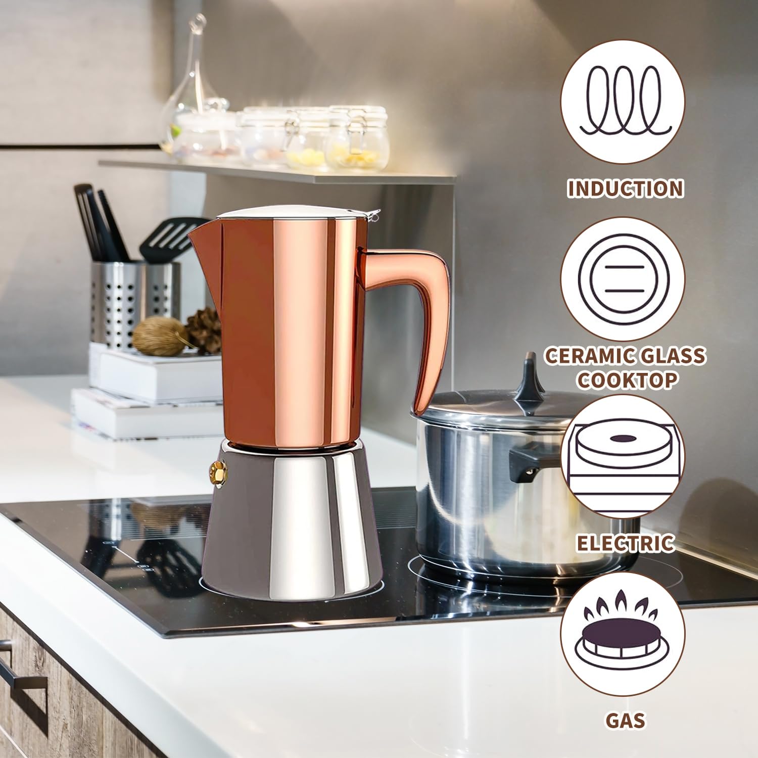 Cafetera italiana para café expreso, cafetera espresso de acero inoxidable para camping o uso doméstico, olla Moka de inducción, 6 tazas (10 onzas/300 ml), color marrón