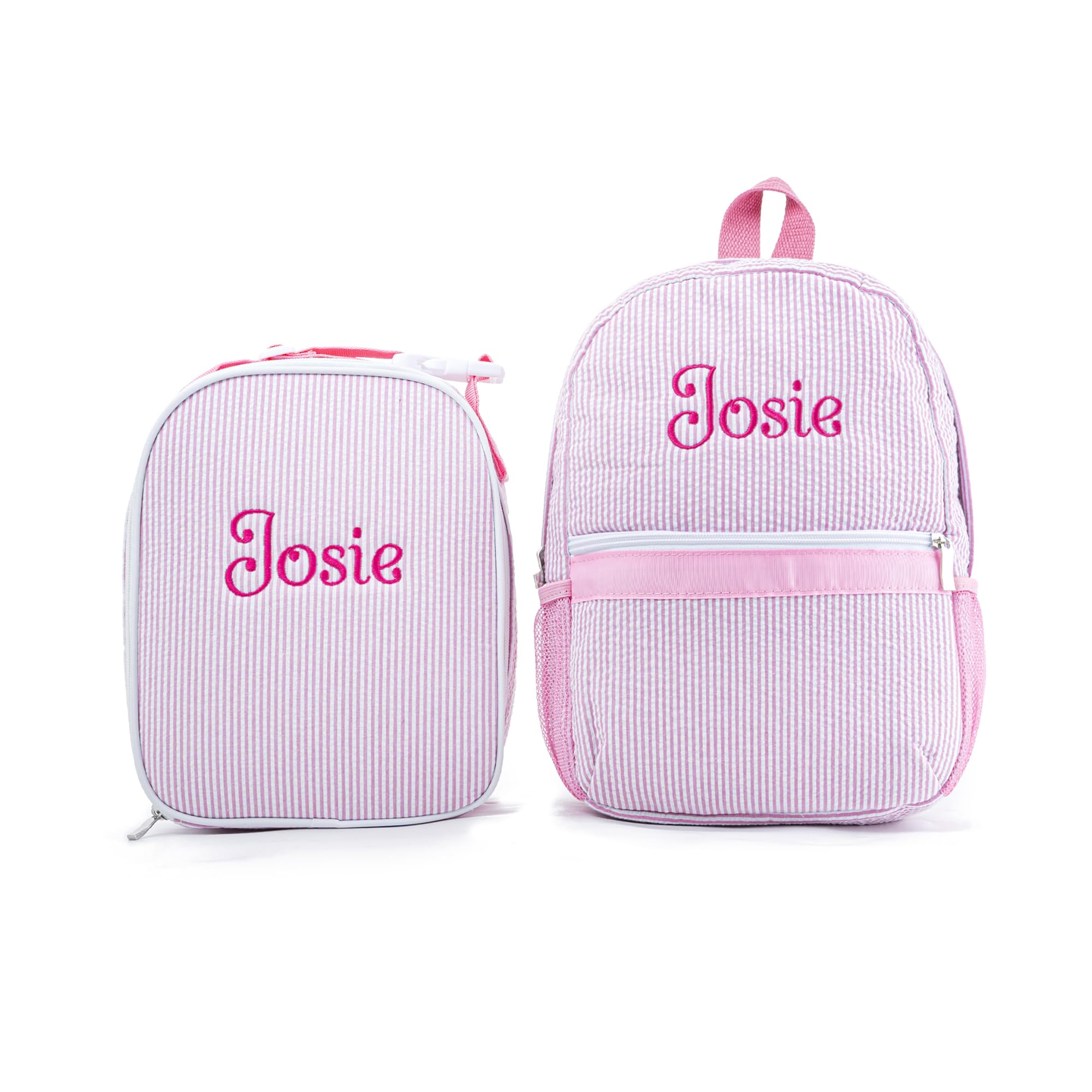 MT WORLD Kids' Backpacks with Lunch Bag Set,Personalized Backpacks and Lunchboxes with Embroidered Name,Kids Preppy Backpacks Lunchbags,Seersucker Toddler Bookbag and Lunchbags
