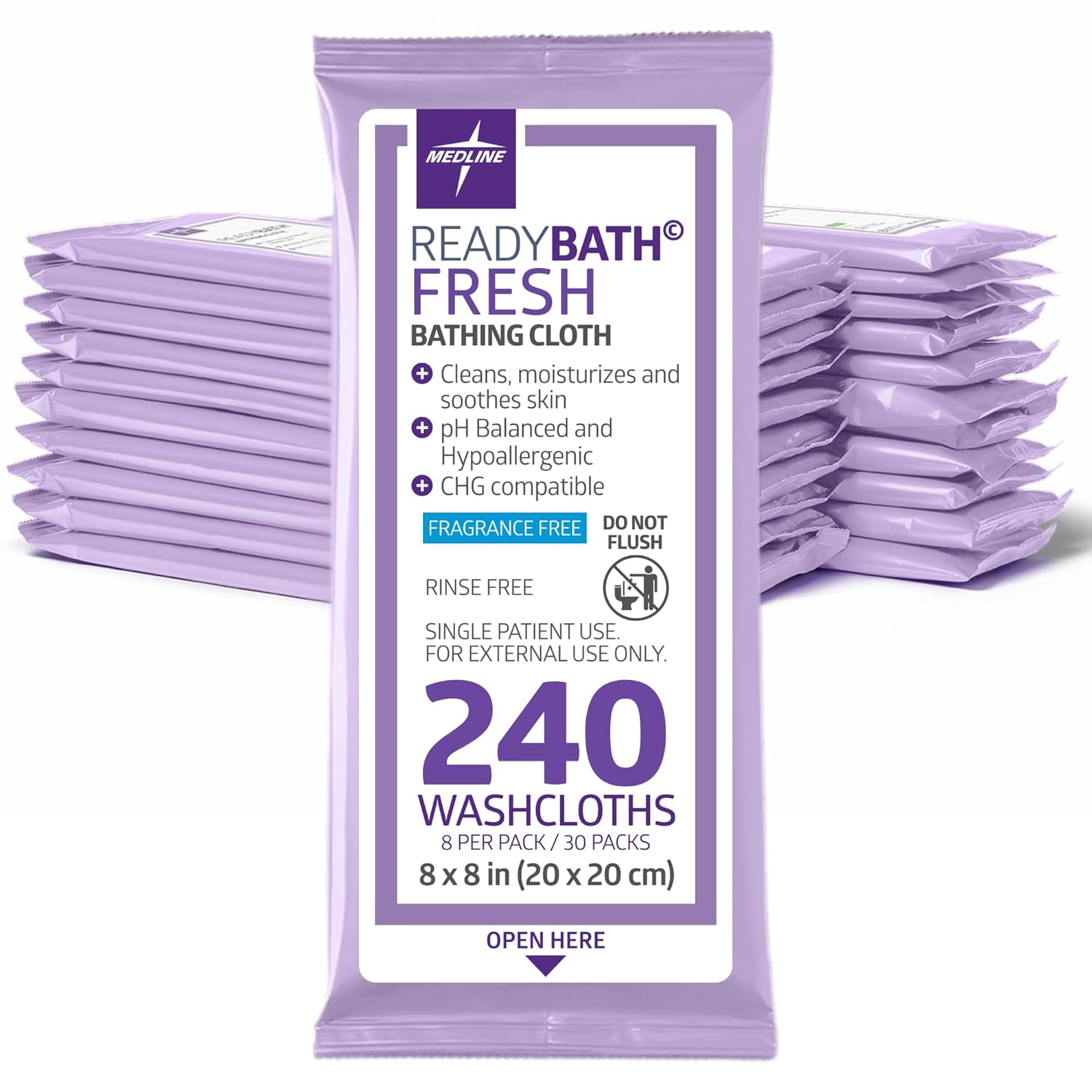 Medline ReadyBath Fresh Unscented Shower Wipes, 240 Count, No-Rinse Bath Wipes, Hypoallergenic, pH-Balanced, Unscented and Alcohol-Free