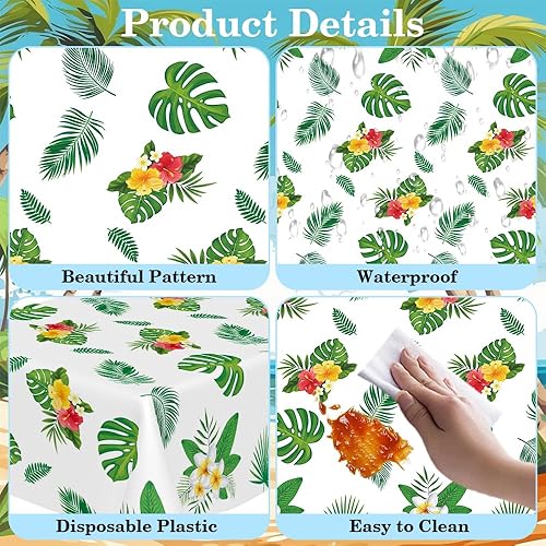 Miniatura 3 de Mantel hawaiano Luau con palmera tropical de selva, 2 piezas de 54 x 108 pulgadas, mantel rectangular de plástico desechable con hojas de Hawaii