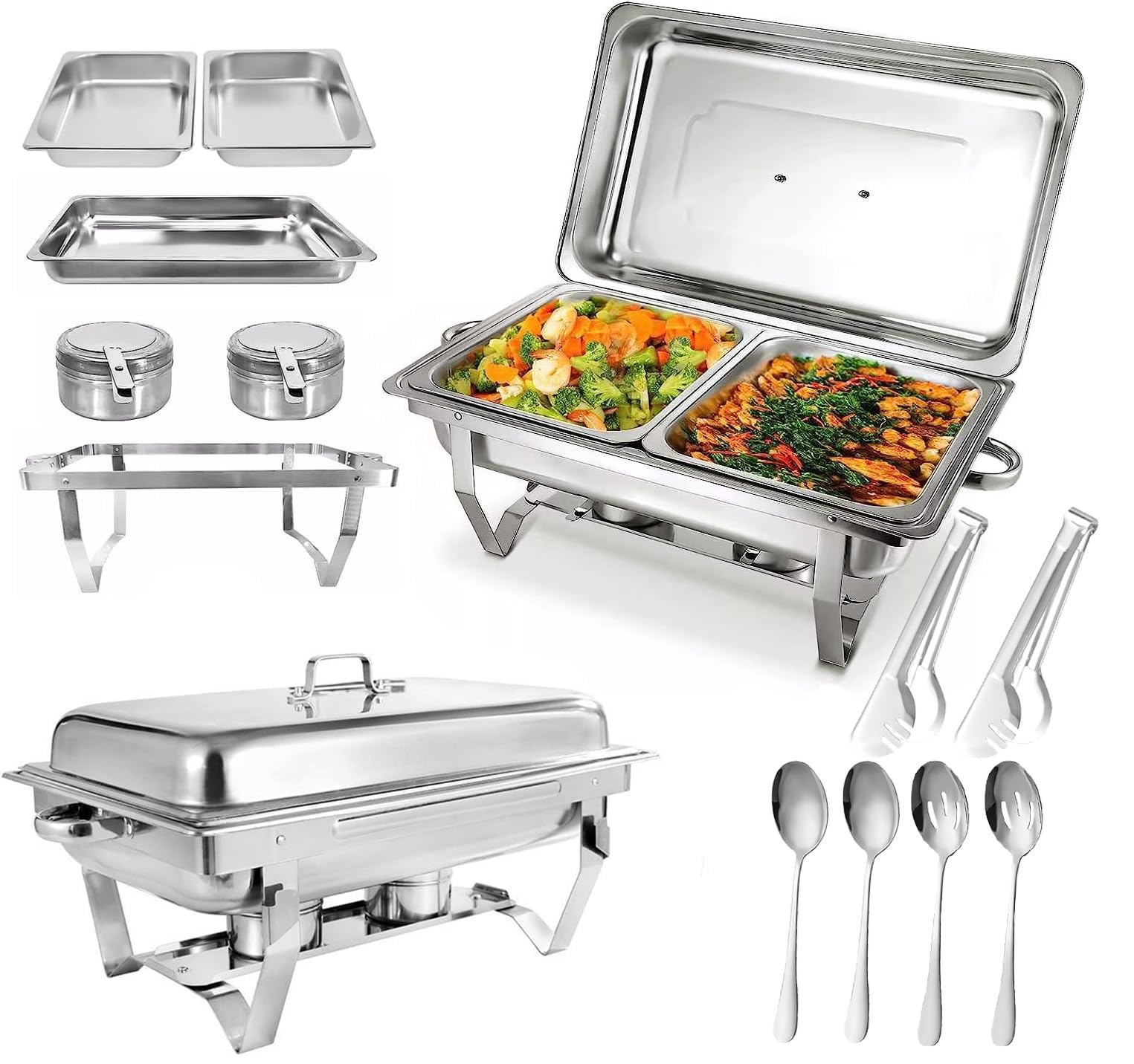 Paquete de 2 platos de 9 L para bufé, catering, calentador de alimentos, sartén fría y caliente con soporte para tapa, juego de platos de cena de acero inoxidable grueso, servidor de buffet para