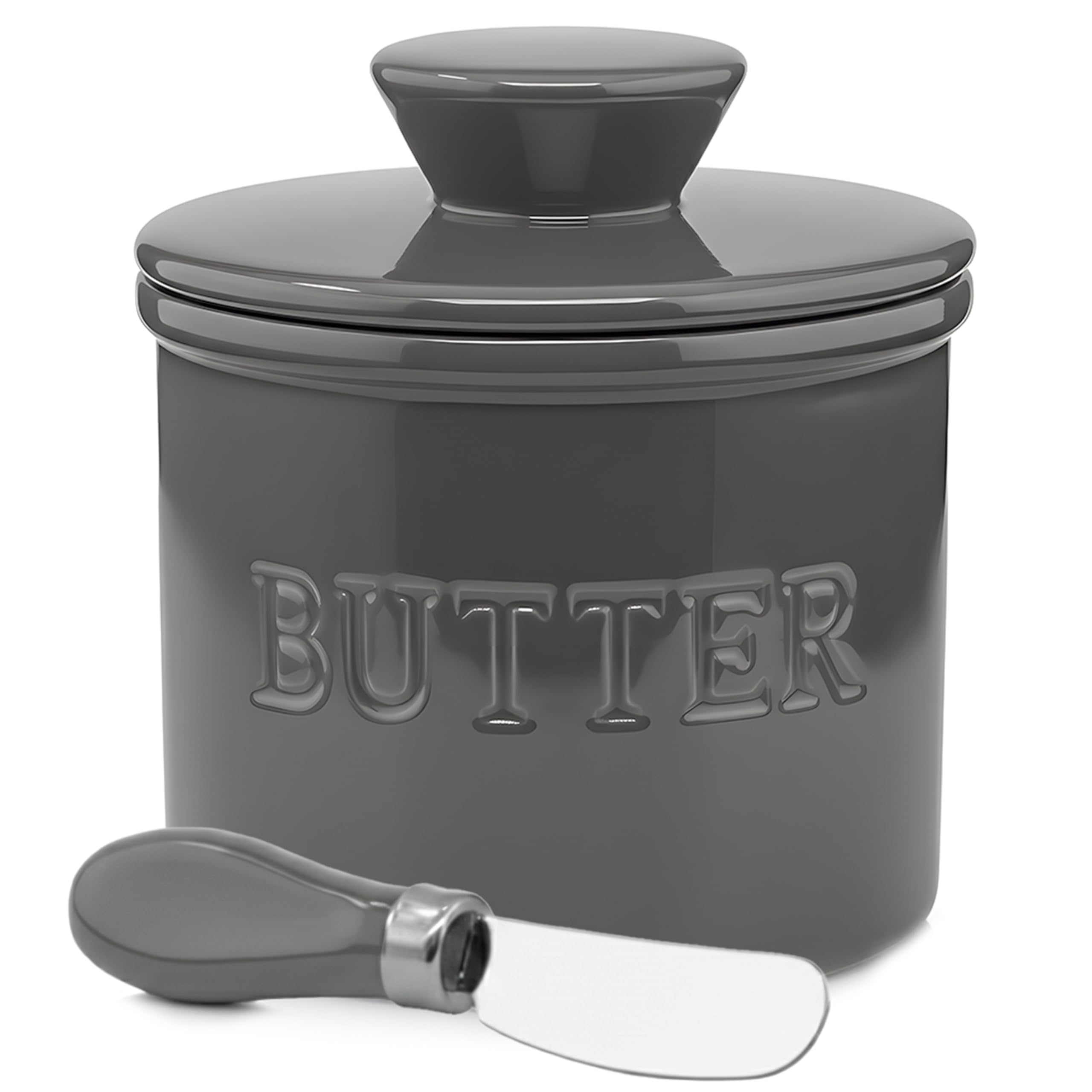 PriorityChef Butter Crock with Lid, On Demand Spreadable Butter, French Butter Keeper to Leave On Counter with Water Line, Ceramic French Butter Dish, Grey
