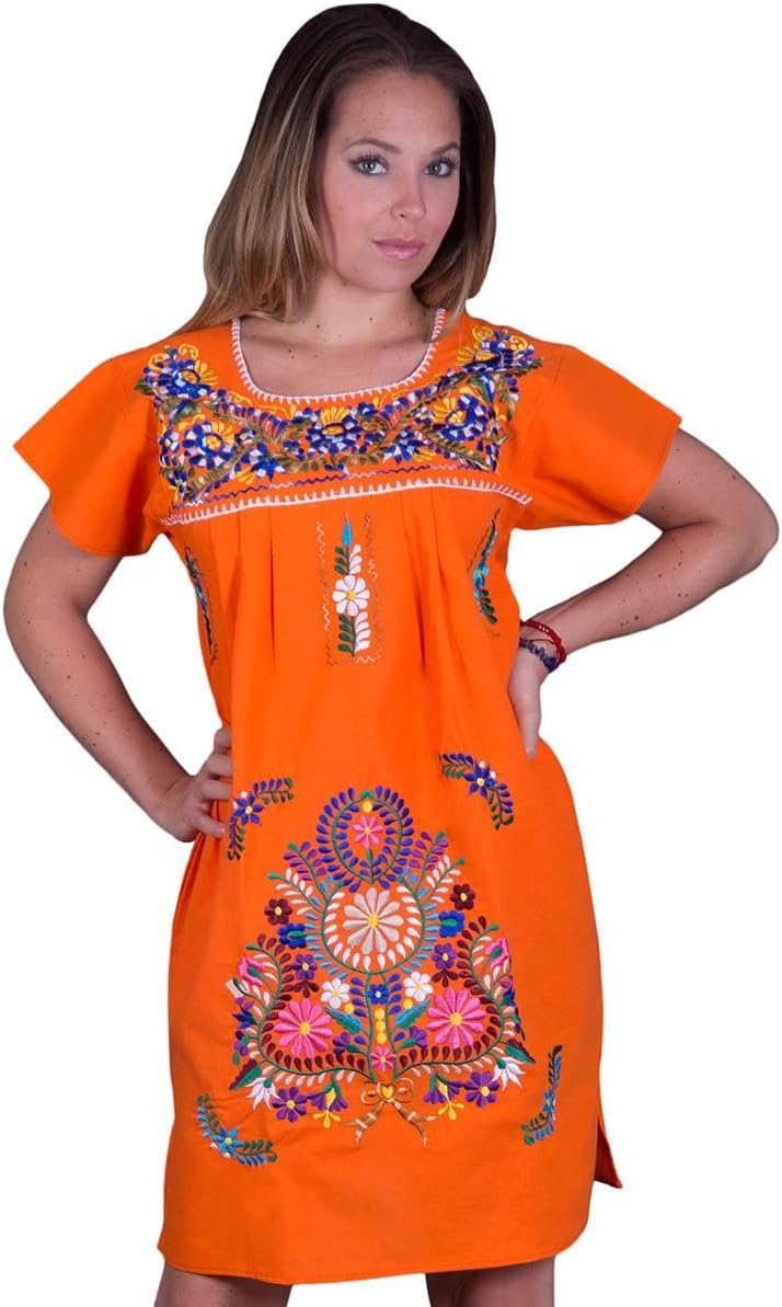 Verde Sabina Mexican Embroidered Short Dress - Peasant Dress