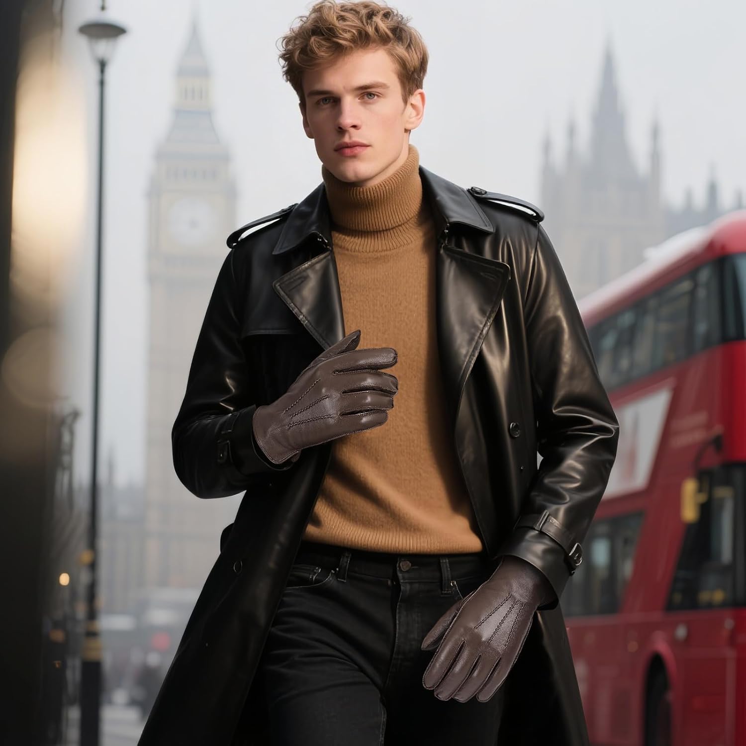 FIORETTO Men’s Chrome-Free Leather Gloves Winter – Touchscreen Driving Gloves with Warm Wool Lining M24001 - Image 2