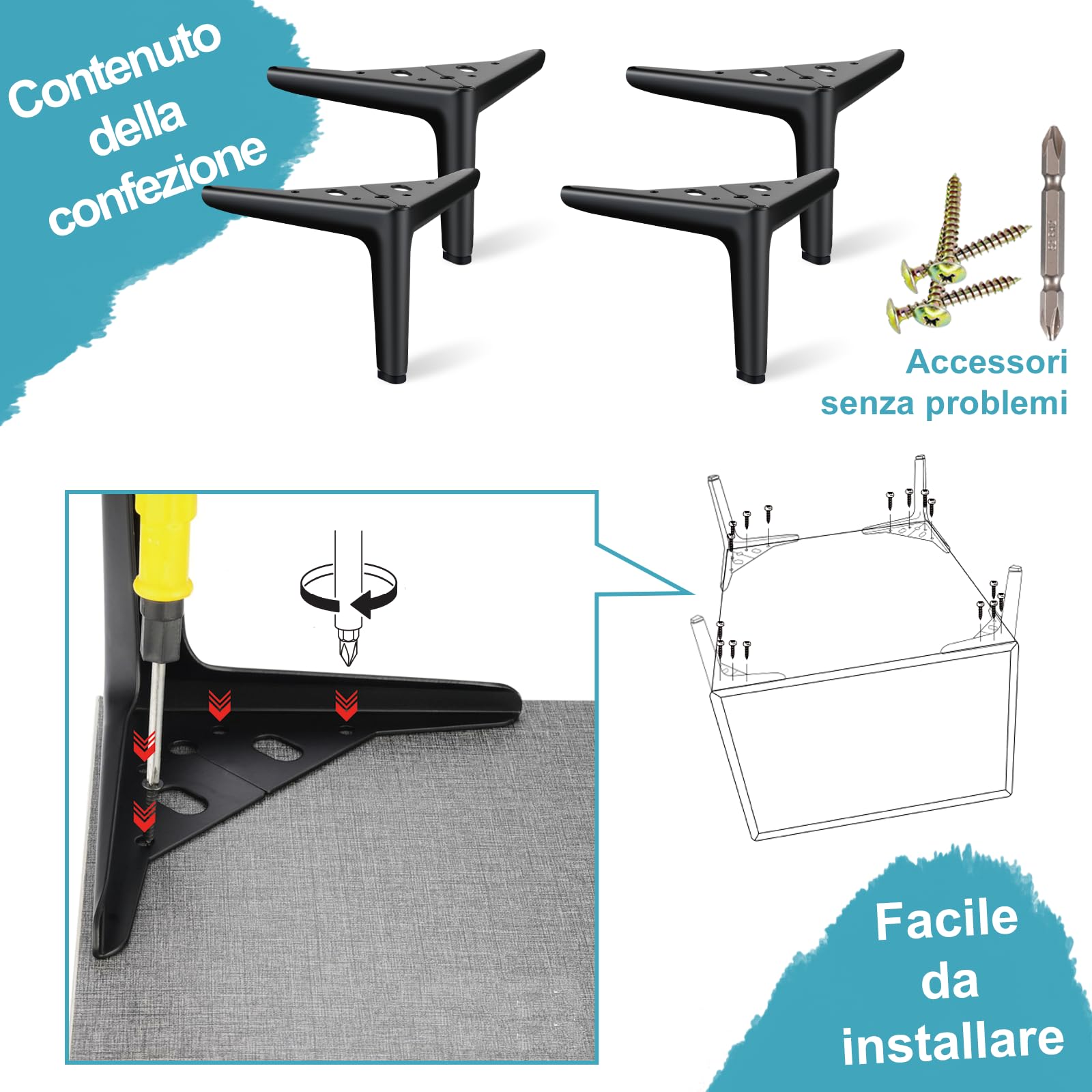 4 gambe metalliche nere 25cm ricambio per divani e tavolini