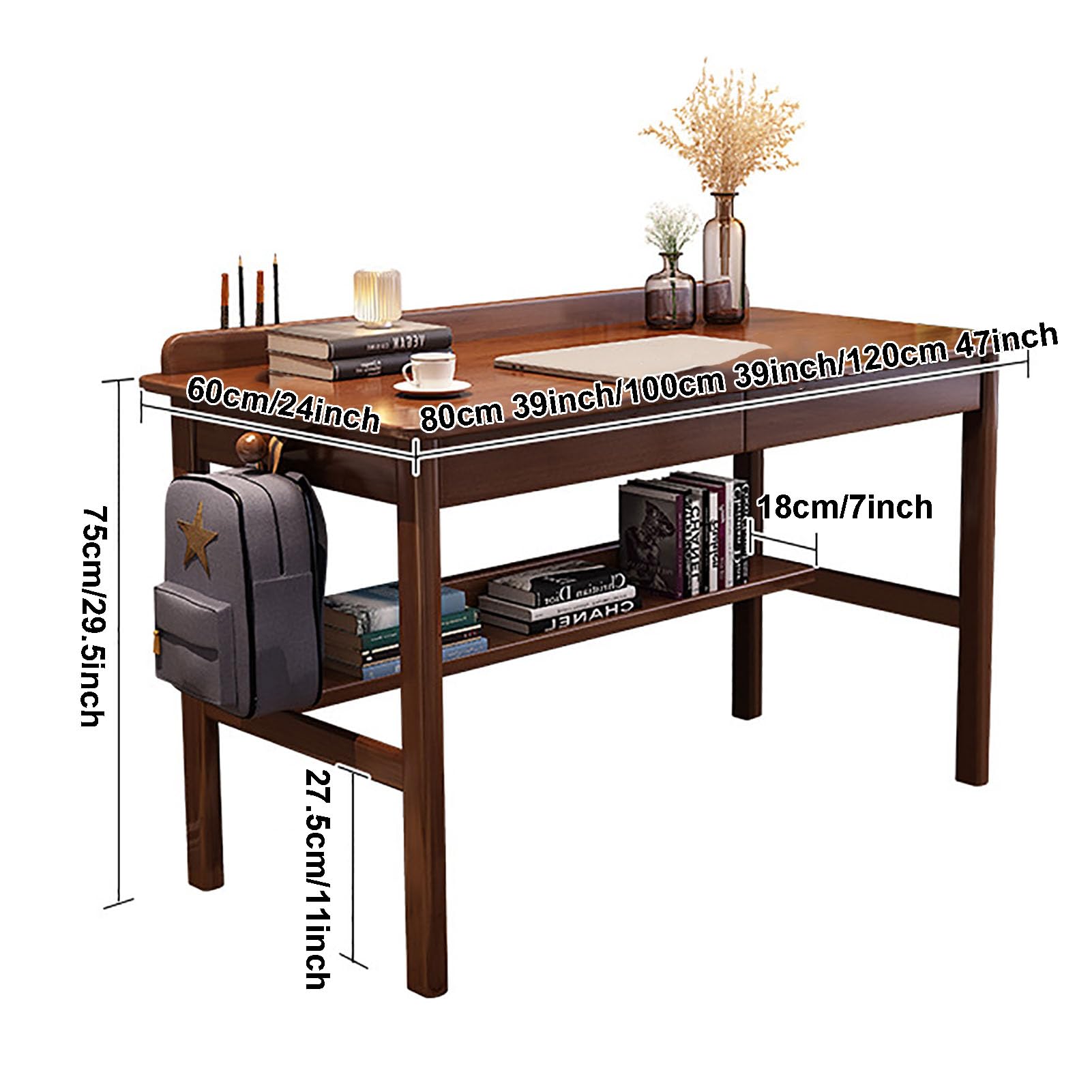 パソコンデスク Shabby Chic Wood Desk 100cm Solid Wood Writing Desk, Mid-Century Modern Home Office Computer