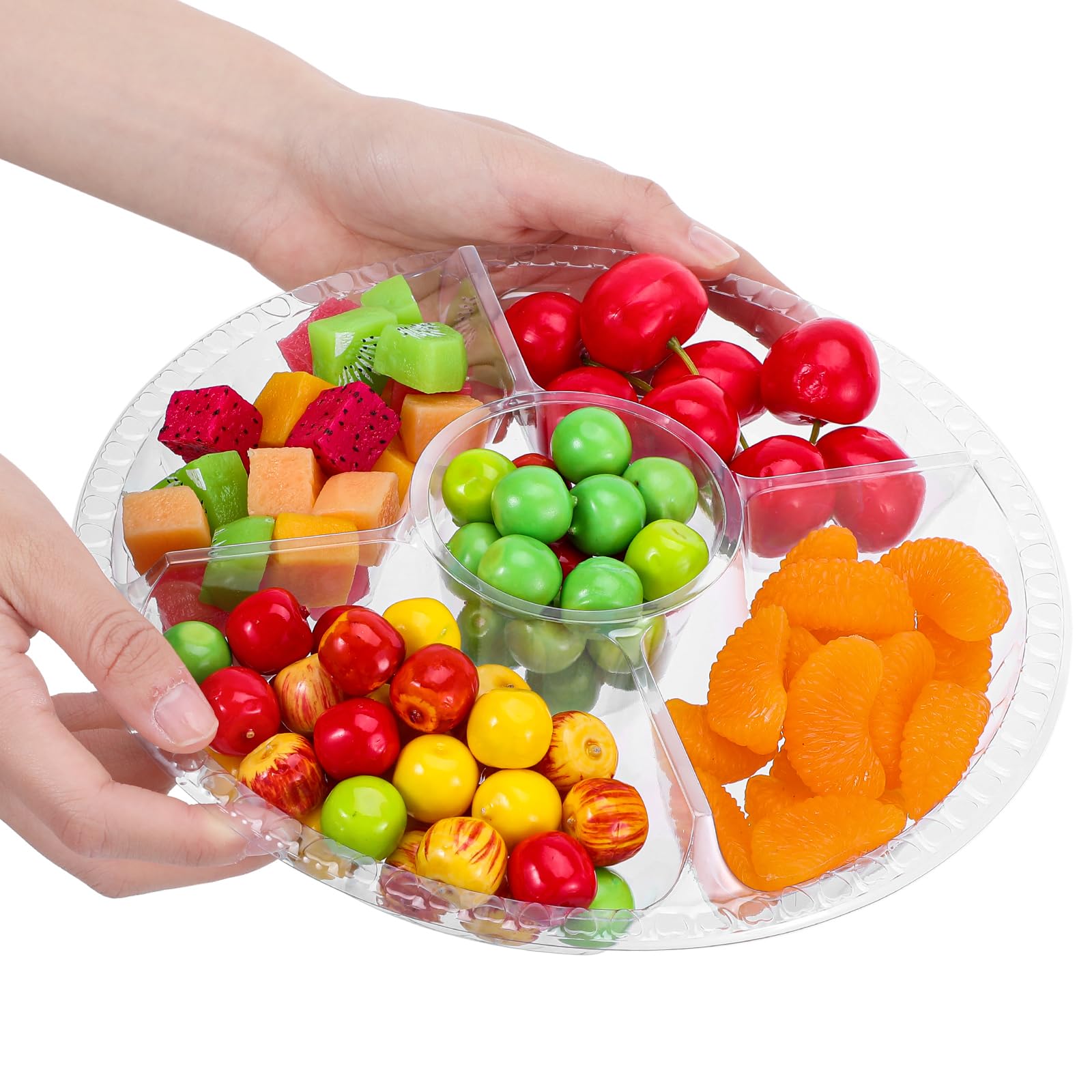 Bandeja desechable para aperitivos con tapa, 9.5 pulgadas, 5 compartimentos, paquete de 30, recipiente redondo transparente para alimentos para fiestas