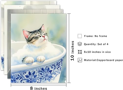 Miniatura 7 de DEQSX Juego de 4 impresiones artísticas de pared de gato chinoiserie azul y blanco, regalos para amantes de los gatos, pósteres vintage lindos de