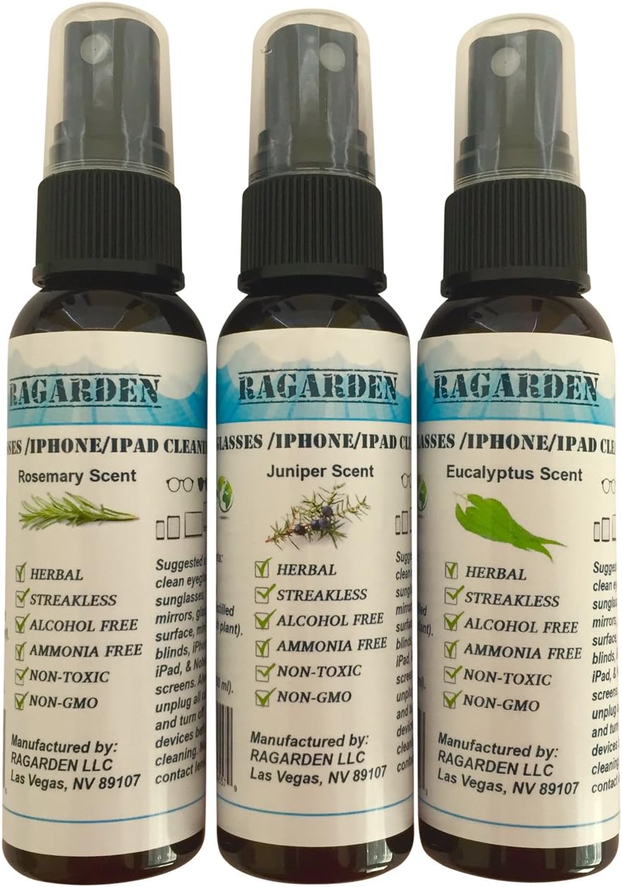 Eyeglasses/iPhone/iPad Cleaner. Combo: Pack of three of 2 oz bottles with Rosemary/Eucalyptus/Juniper Floral waters.