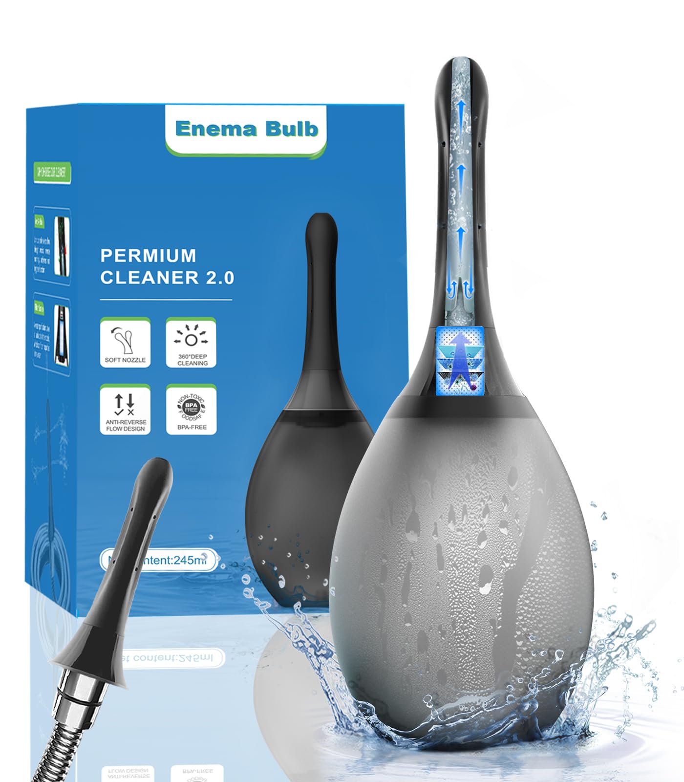 Enema Bulb Anal Douche Kit - Silicone Enema for Constipation Vaginal Cleaner douches for Men & Women,can be Connected to Shower Tube with Anti-Back Flow 245ML(Black)