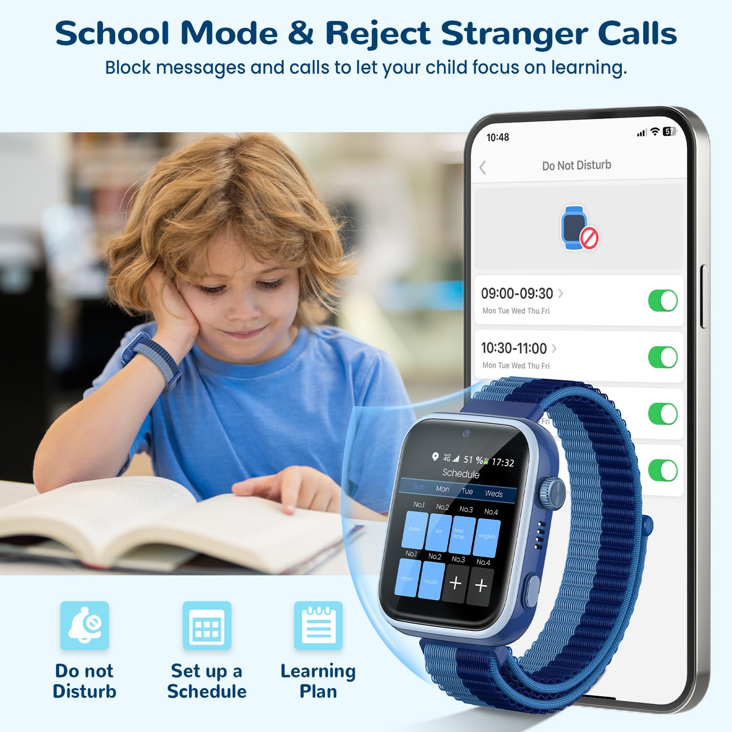 4G Montre Connectée Enfants avec Appels, Appels Vidéo, Chat Vocal, WiFi, GPS, SOS, SMS, Étanche IP68, Mode École et Podomètre, Smartwatch Enfants avec Écran HD 1,83'' Bleu