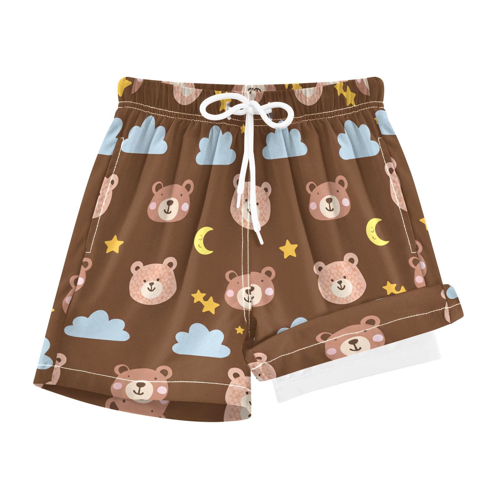 YANENDIE Boy Swim Trunks with Compression Liner Bear Faces Boys Swim Shorts Quick Dry Beach Shorts