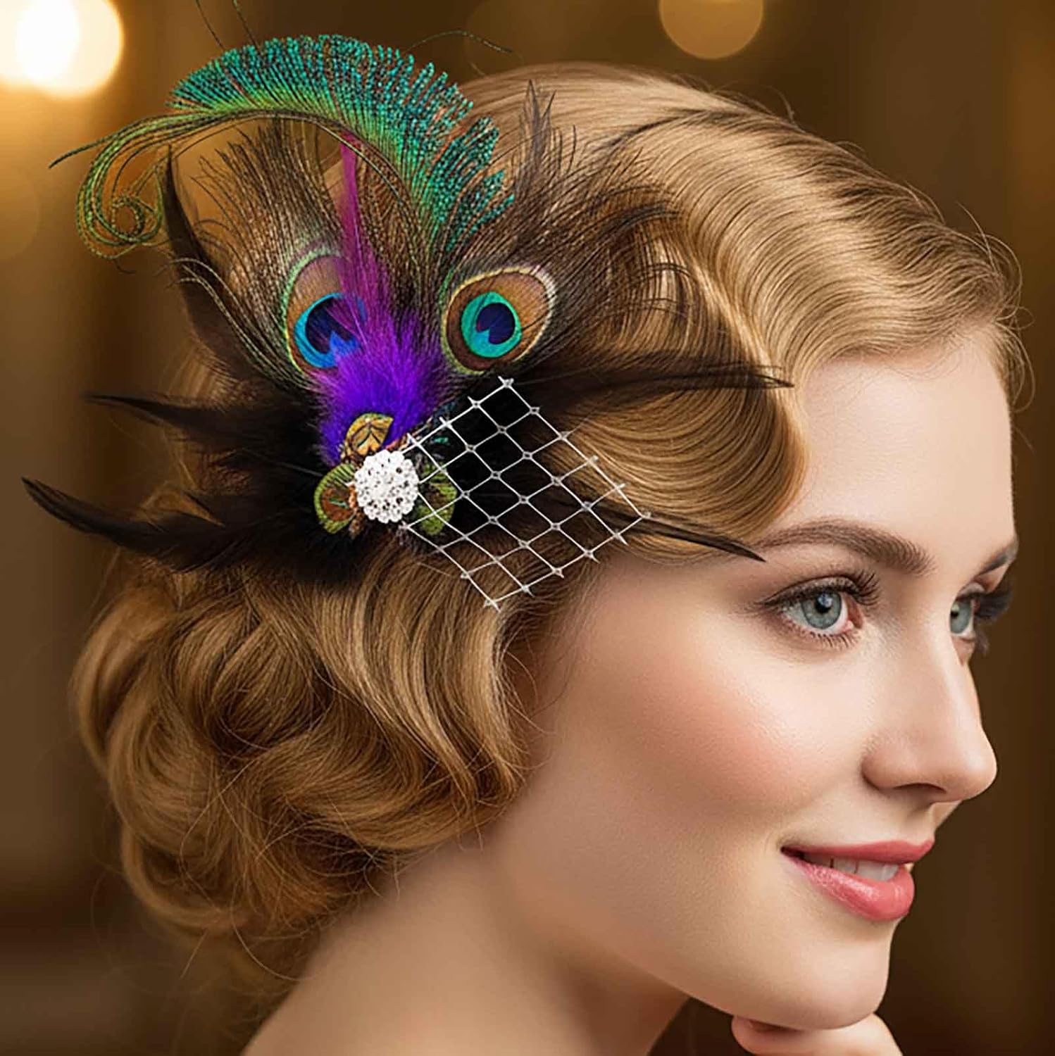 Yokawe Peacock Feather Hair Clip 1920s Fascinator with Rhinestone Flapper Prom Hair Accessories for Women - Image 4