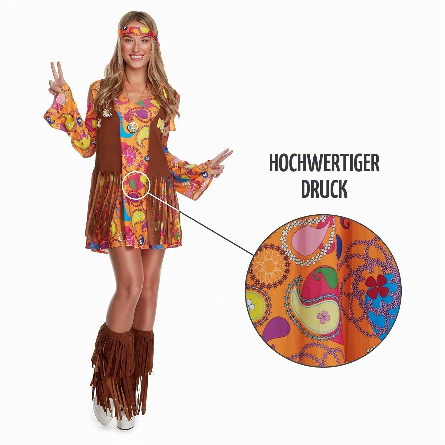 Morph Hippie Kostüm Damen, 70er Jahre Outfit Damen, 70er Jahre Bekleidung, Hippie Kleid, Schlagermove Outfit Frauen, Karneval Kostum Frauen, Fasching