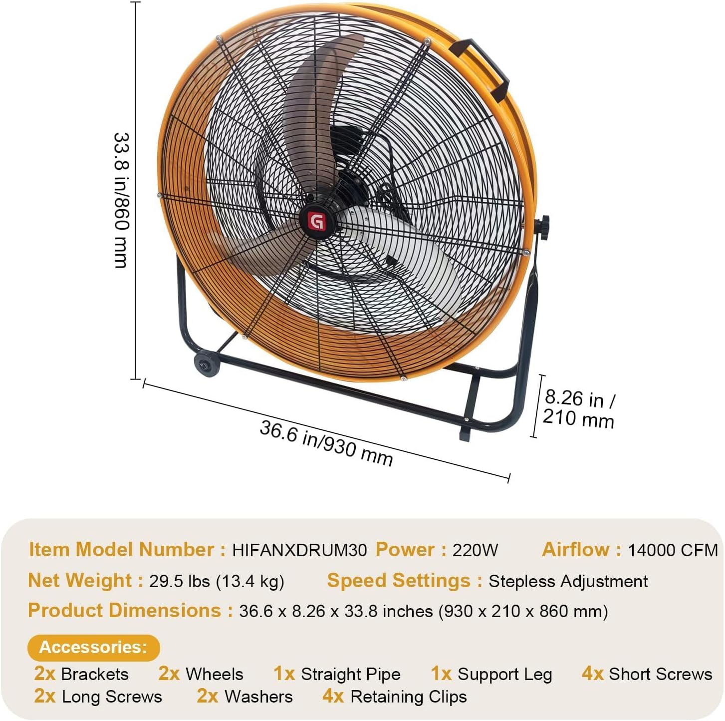 30 Inch Heavy-Duty Industrial Drum Fan, 14000 CFM High Velocity Floor Fan with 3-Speed Control,Commercial-Grade Metal Fans for Warehouse, Workshop, Gym & Farm