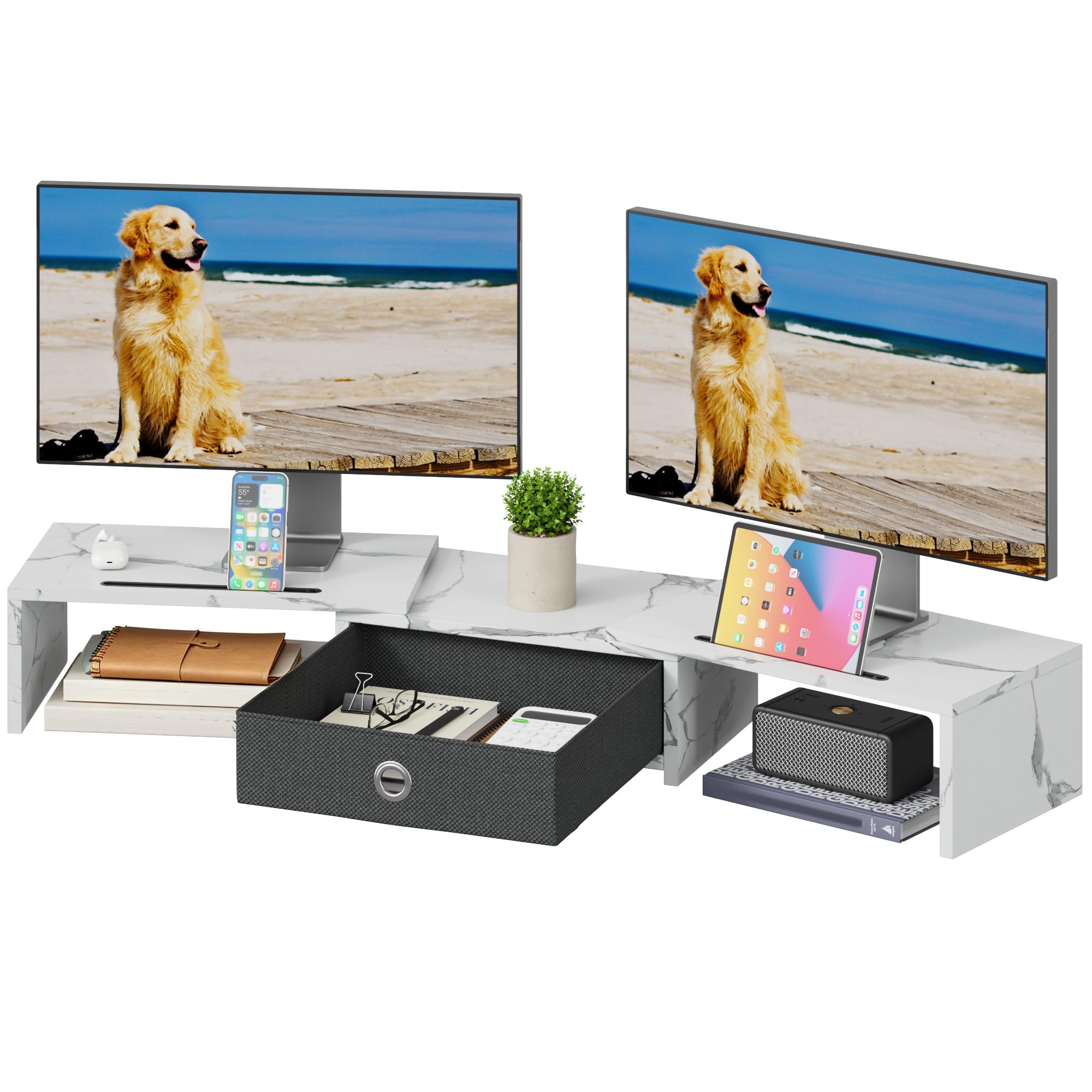 OYRREU Monitor ErhöHung Schreibtisch, Monitorständer mit Schublade BildschirmerhöHung 2 Monitore Monitor Ständer Holz, Monitor Riser TV PC Monitor Stand(Weiß, 99 x 23,6 x 15,5 cm)