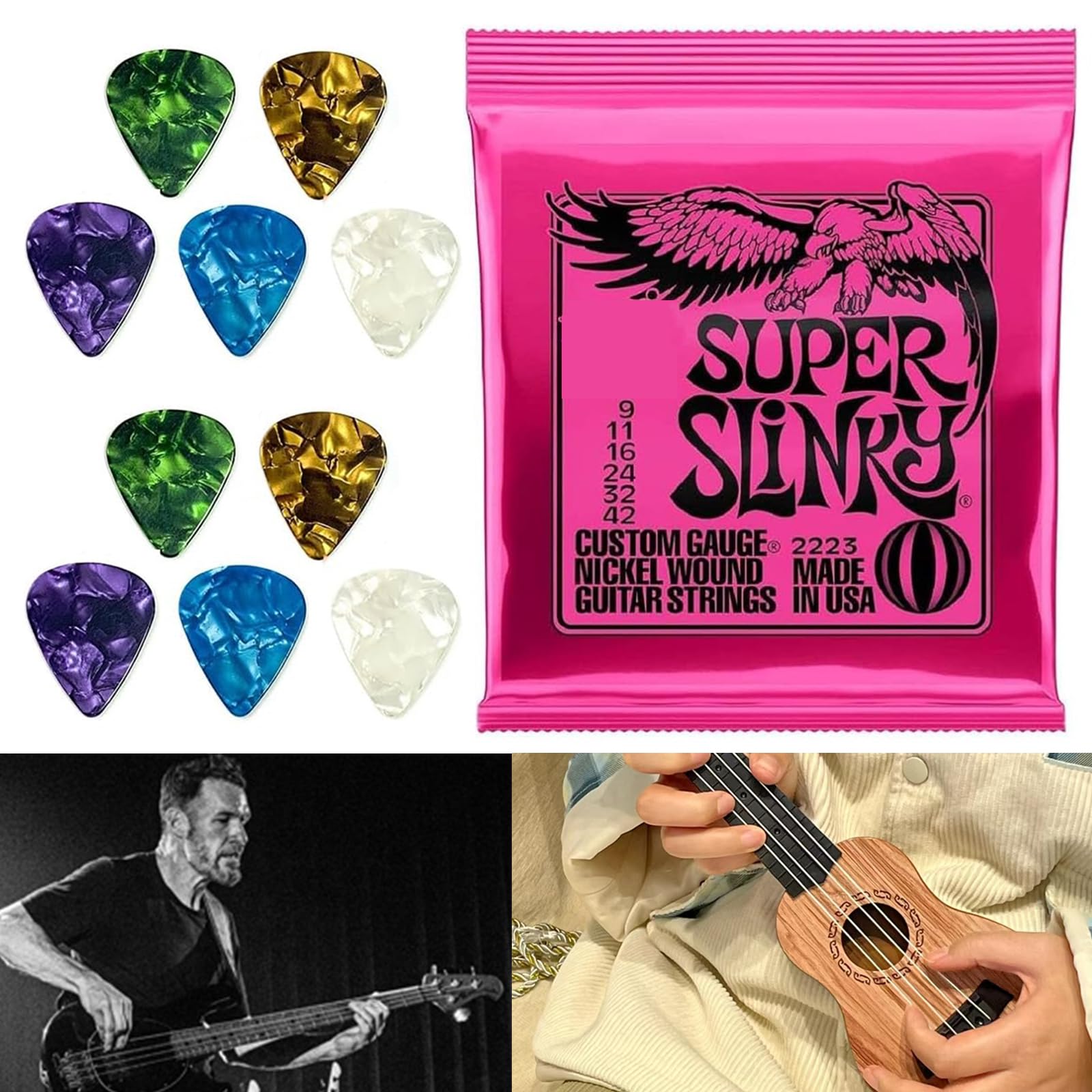 Super Slinky Nickel Wound Electric Guitar Strings - 9-42 Gauge, includes 10 free Guitar pick plectrums