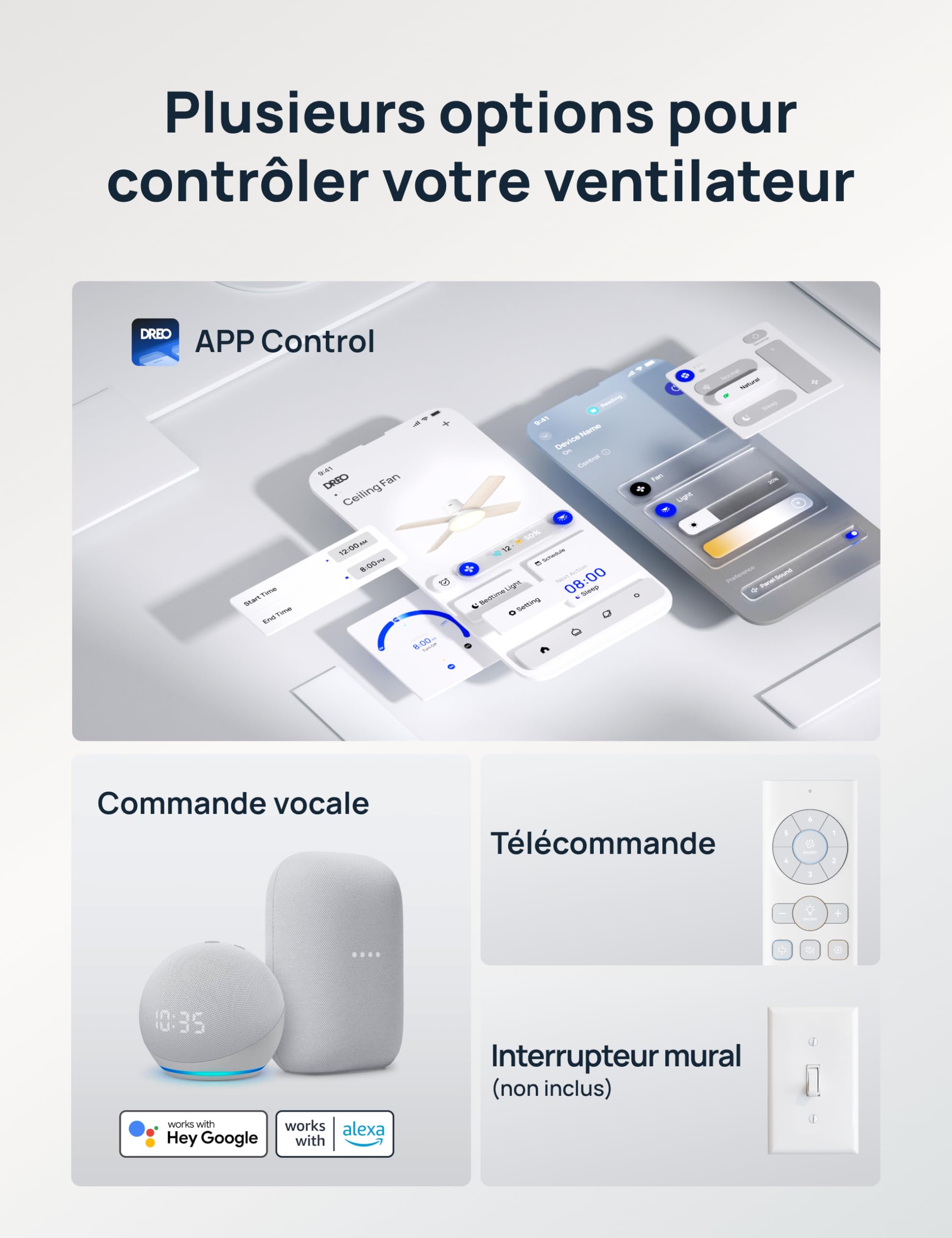 DREO ventilateur de plafond avec lumière, 12 vitesses, 3 modes, moteur CC silencieux, montage facile, LED dimmable, télécommande et minuterie 12 h, ventilateur de plafond blanc pour chambre et salon