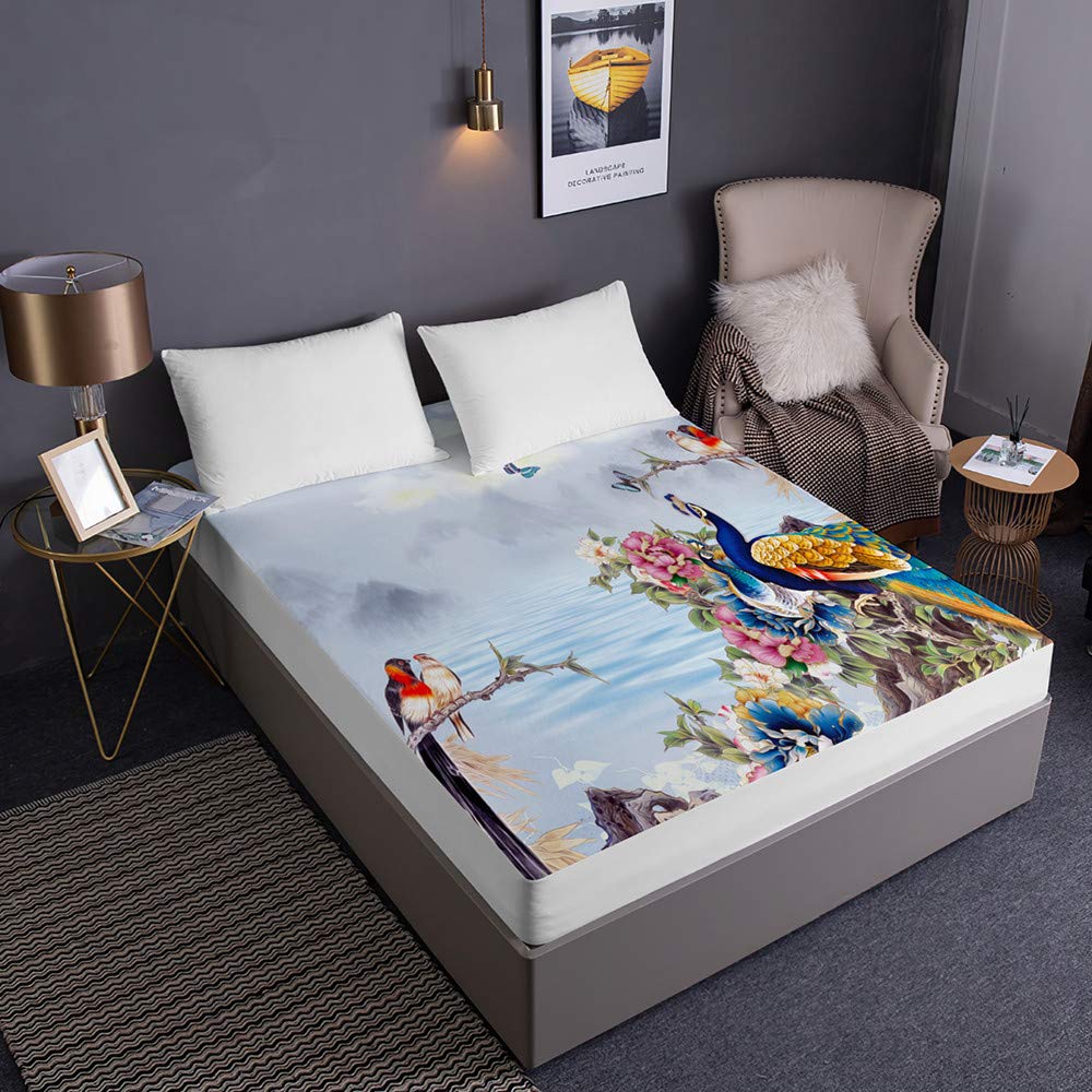 Drap Housse En Microfibre, Chickw1 Paon Imprimé Housse De Matelas 30cm Épais Protection De Matelas - Antidérapants Résistant Décoloration Aux Rides (Amoureux,90x200x30cm