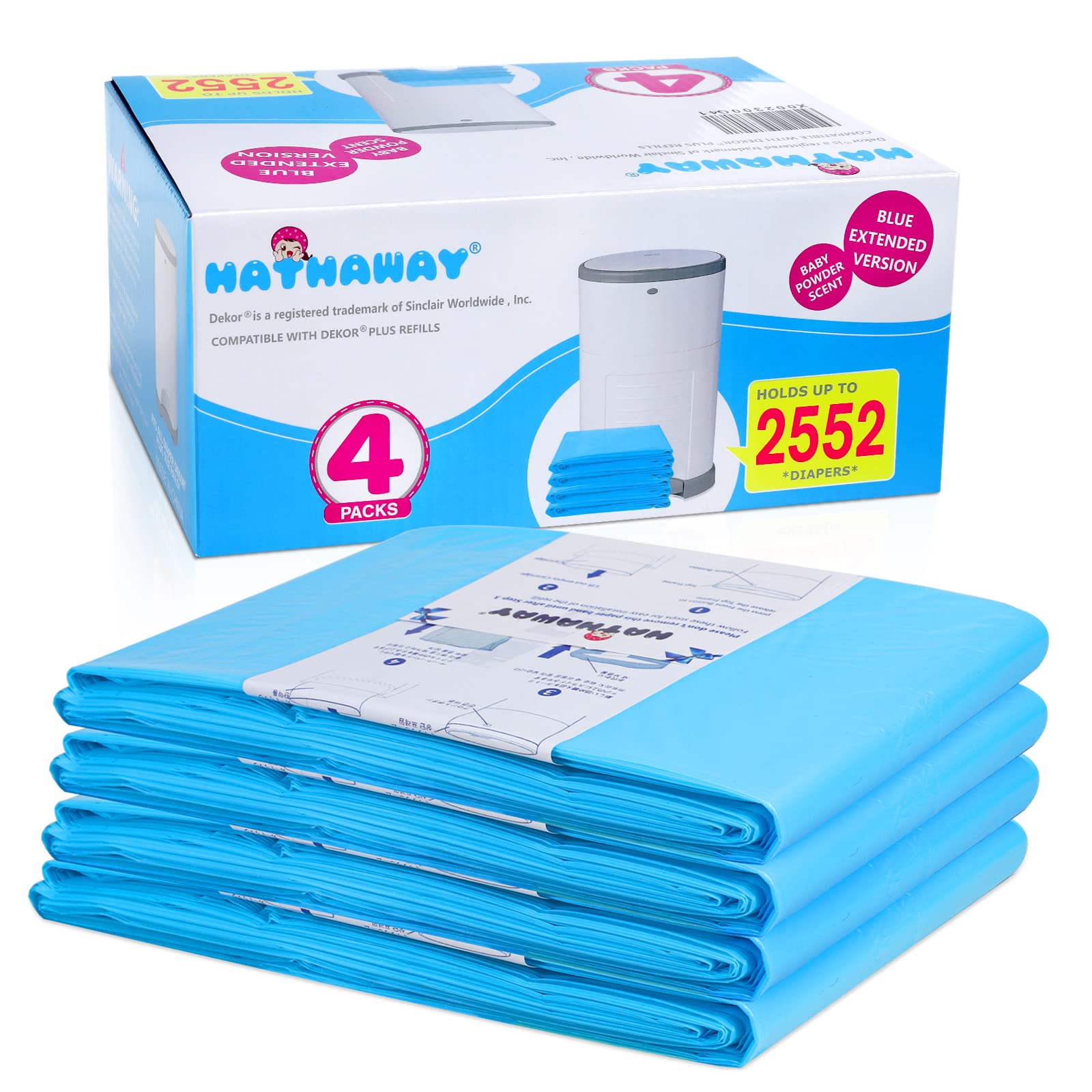 Pail RefillsDiaper Compatible with Dekor Plus Diaper Fresh Powder Scent, Hold Up to 2320 Diapers (4 Pack)