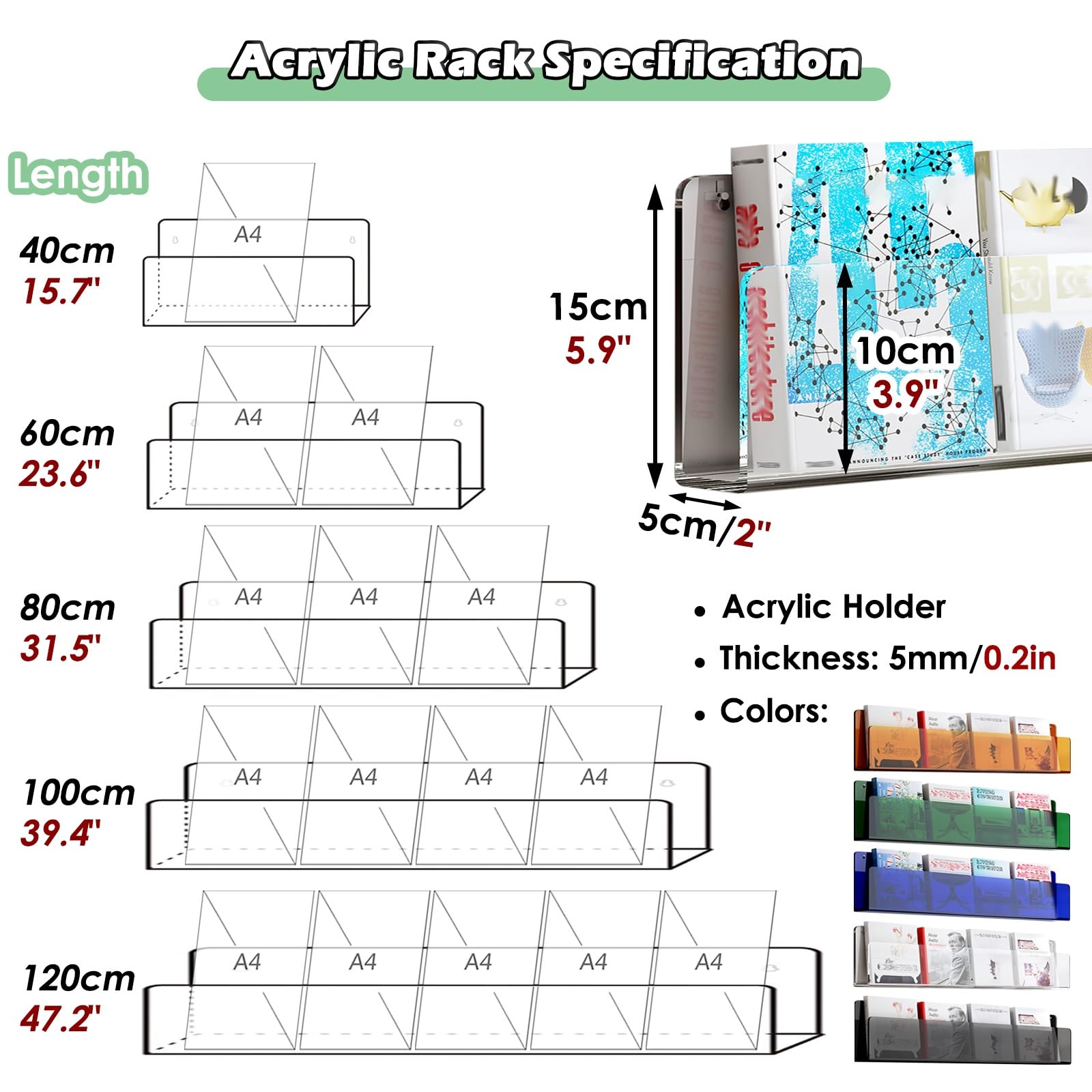 zeitungsständer 2 Pack Acryl Broschürenhalter Wandmontage, Zeitschriftenständer Bad 40 60 80 100 120 cm, Zeitungsregal Aktenständer für Prospekte/Speisekarten/Zeitschriften(Blue,L 80cm/31.5in)