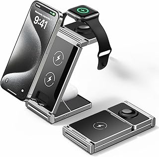 شاحن لاسلكي 3 في 1 قابل للطي من خليط الزنك، متوافق مع آيفون وآبل ووتش وإيربودز، بثلاثة منافذ