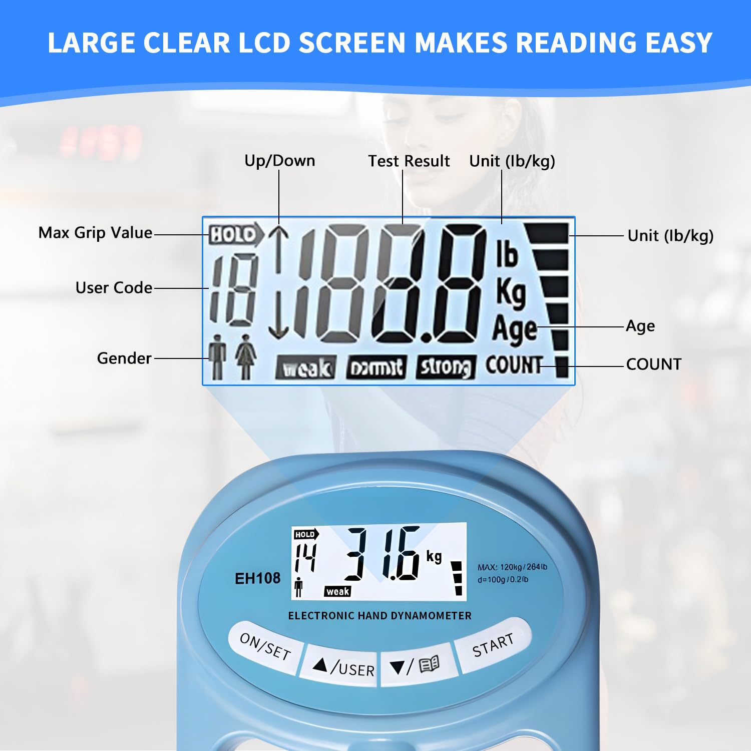 Cyfrowy miernik siły ręcznej 120 kg/264 lb, dynamometr cyfrowy, elektroniczny dynamometr ręczny, elektroniczny uchwyt, ekran LED, dynamometr z kablem USB do ładowania