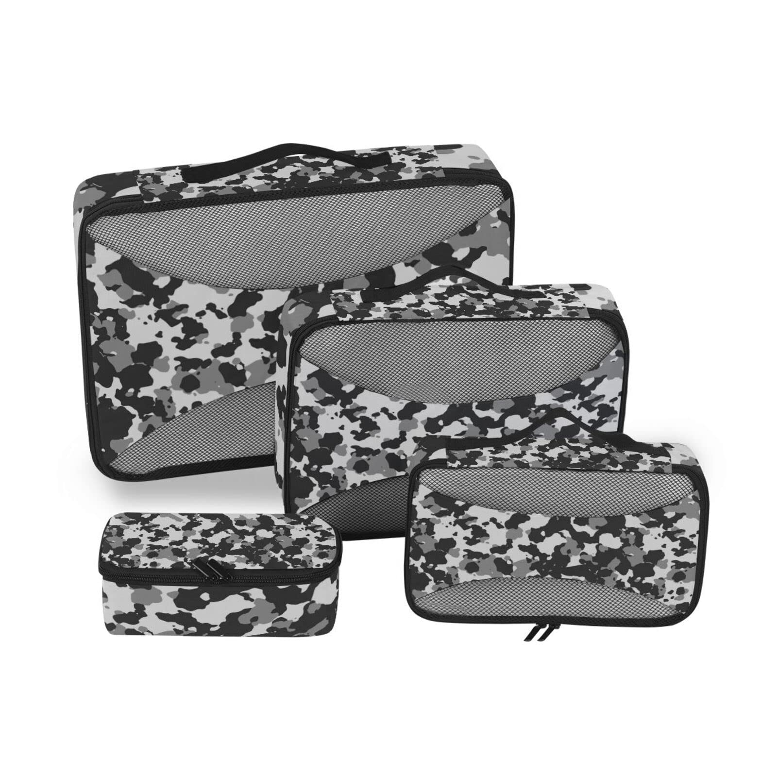 Seamless Camo Black Gray and White Camouflage Pattern 4 Set Packing Cubes, Travel Packing Organizers, 600D Oxford Cloth Toiletry Storage Bag, Luggage Mesh Bags for Accessories