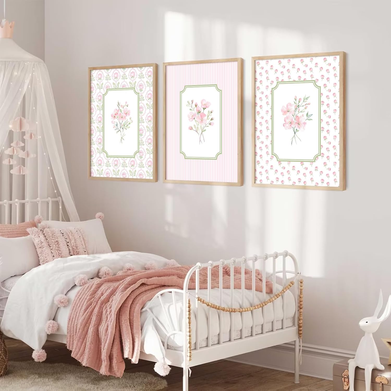 Pink Floral Wall Art Nursery Flower Canvas Wall Decor Baby Girl Wildflower Pictures Aesthetic Striped Botanical Poster Prints Pink Green Floral Painting Artwork for Girl Room 12x16 Inch Unframed 3Pcs
