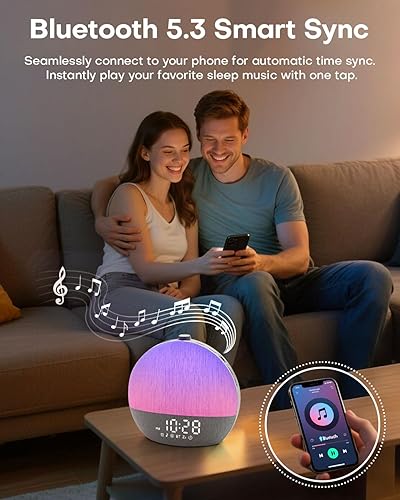 Miniatura 6 de Reloj despertador de amanecer, máquina de sonido de ruido blanco, despertador de luz solar para dormitorios, 9 luces nocturnas RGB naturales, 30