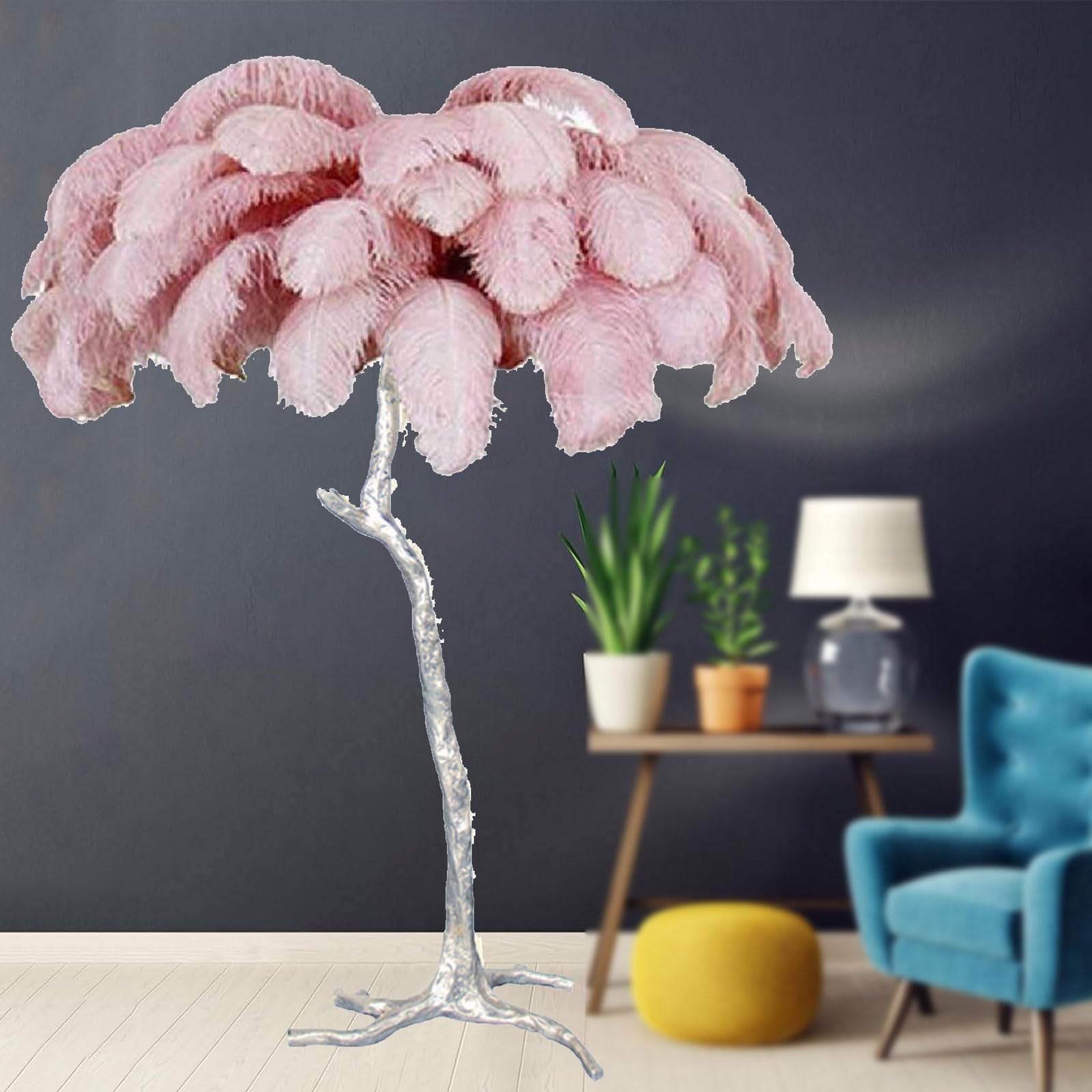 Natural Ostrich Feather Floor Lamp, Silver Light Body Feather Standing Lamp with Feather Lampshade Modern Dimmable Floor Lamp for Bedroom, Living Room, Kids Room