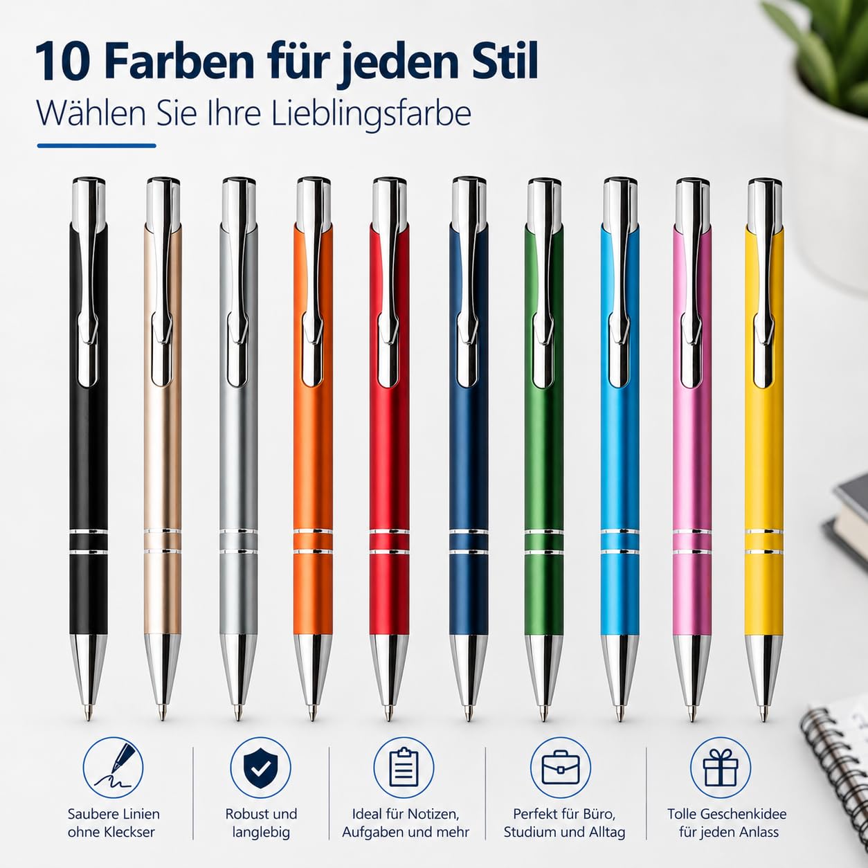 WPRO 100 Stück Metall Kugelschreiber bunt | Blauschreibende austauschbare Großraummine | Metallclip | Hochwertig | Für Büro und Studium