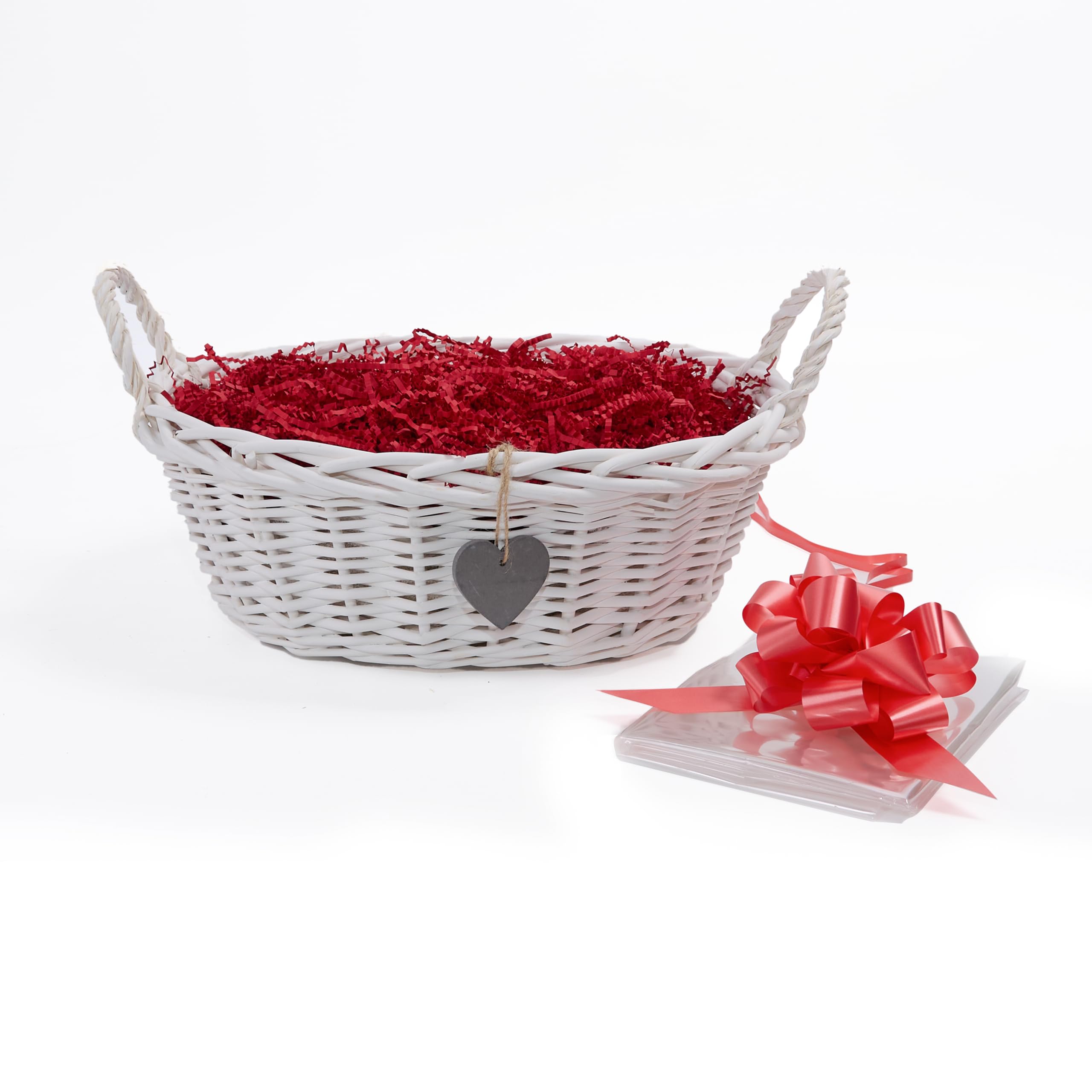 Wickerfield Woven Wicker Basket with Handle, Gift Hamper Kit with Shredded Pape, Empty Hamper Basket for Baby, Christmas, Retail Display (White Basket, Red Filling)